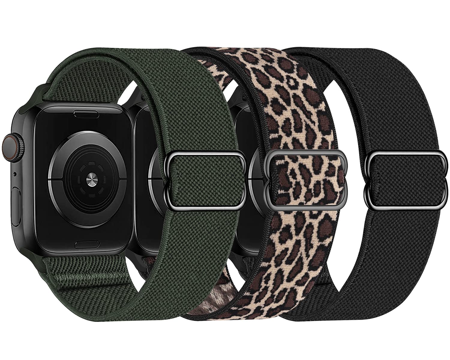 Stretchy Nylon Solo Loop Band Compatible with Apple Watch 42mm/44mm/45mm/46mm/49mm - Braided Sport Strap for iWatch Series 10/9/8/7/6/5/4/3/2/1 SE & Ultra - Women & Men - Leopard, Black, Clover - Perfect for Workouts, Running & Everyday Wear