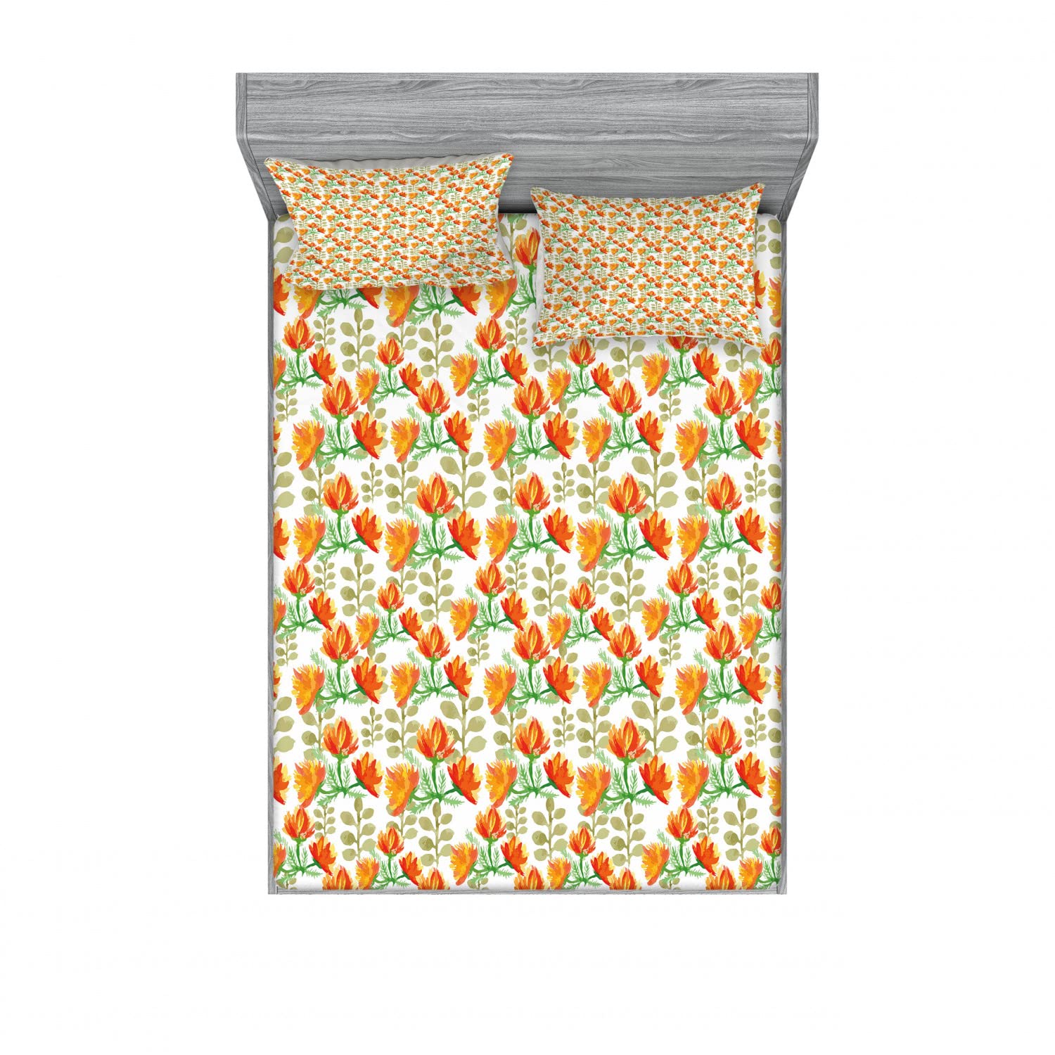 Ambesonne Floral King Size 2-Pack Fitted Sheet & Pillow Sham Set - Garden Spring Branches Pattern, 4-Piece Bedding Set (2 Fitted Sheets + 4 Pillow Covers) in Forest Green & Vermilion - Perfect for Master Bedroom, Guest Room & Spring Home Decor