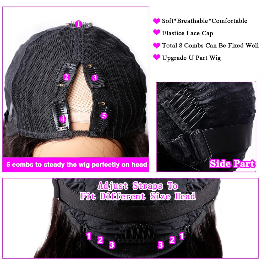 Xagujpo V Part Wig Human Hair Body Wave for Black Women - 100% Remy Human Hair No Sew In No Glue U Part Wig 180% Density Natural Color (26 Inch) - Perfect for Daily Wear, Parties & Special Occasions