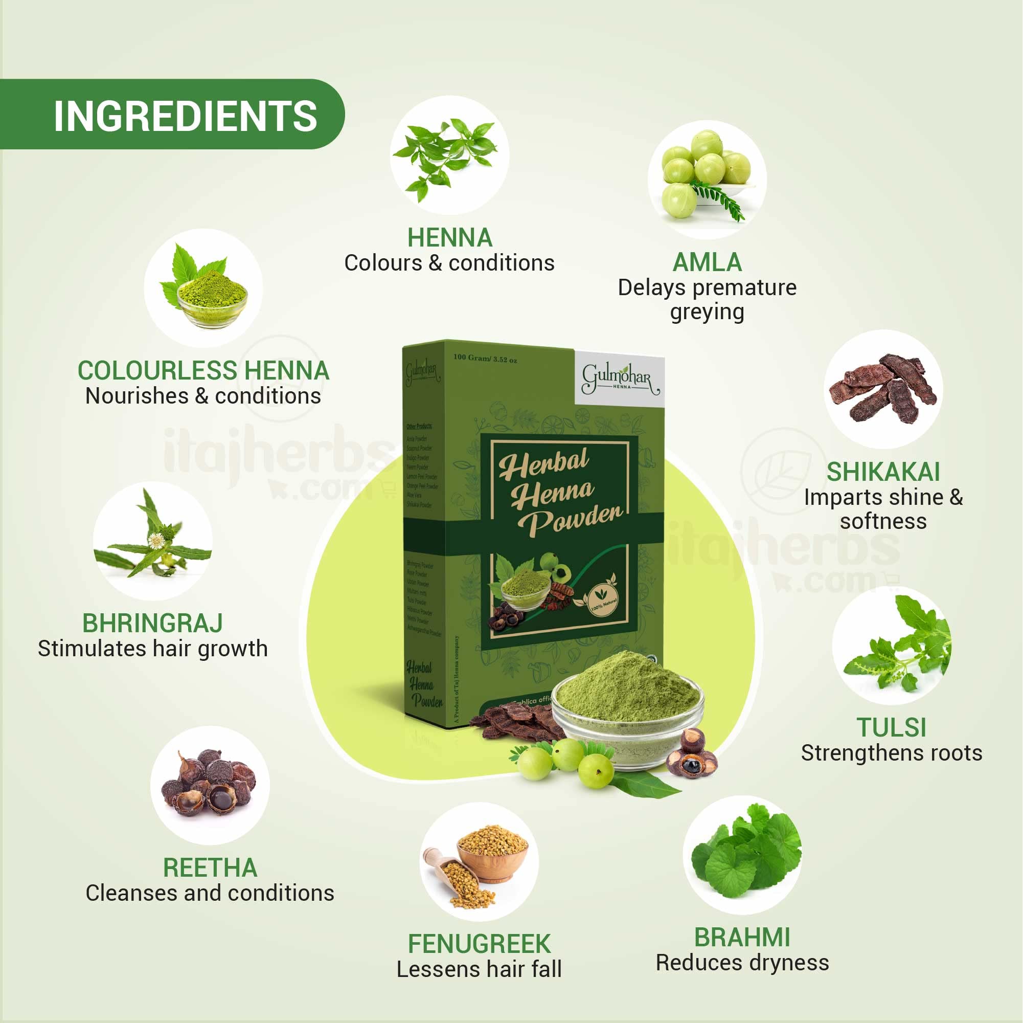 Gulmohar 100% Organic Herbal Henna Powder for Natural Hair Color & Conditioning - 100g | Chemical-Free Gray Coverage & Hair Treatment for Women & Men | Perfect for At-Home Hair Dyeing & Ayurvedic Care