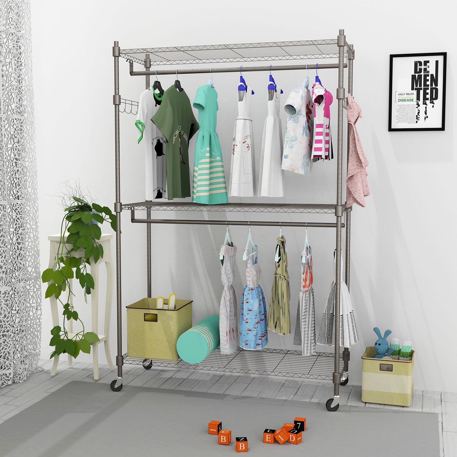 3-Tier Rolling Garment Rack with Lockable Wheels & Side Hooks - Heavy Duty Metal Wire Clothes Drying Rack for Bedroom, Laundry Room, or Closet Organization (Large Capacity, Movable Storage Solution)