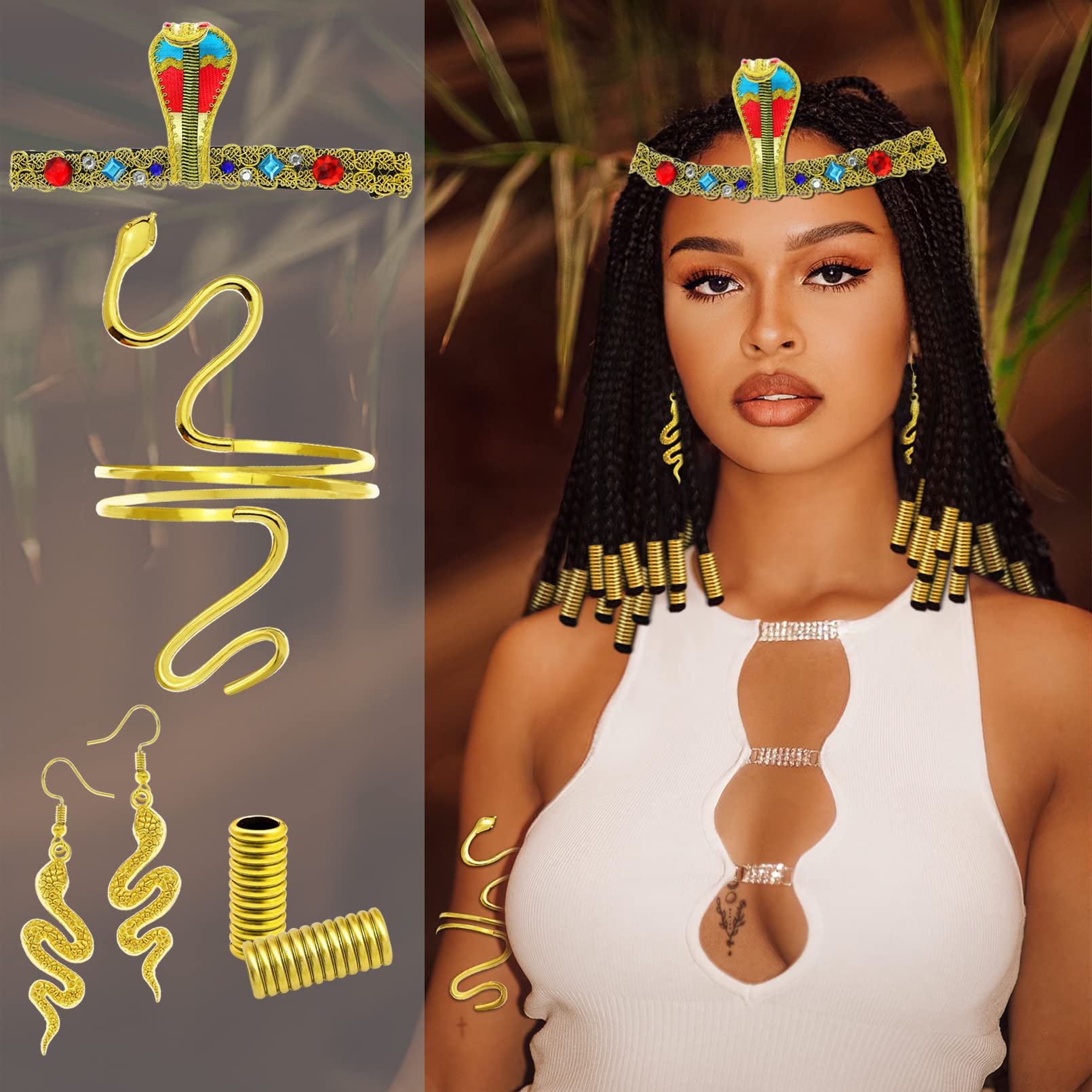 25Pcs Egyptian Cleopatra Costume Accessories Set - Golden Snake Headpiece, Arm Cuffs & Earrings for Cosplay, Halloween & Themed Parties | Vintage Pharaoh Jewelry Collection