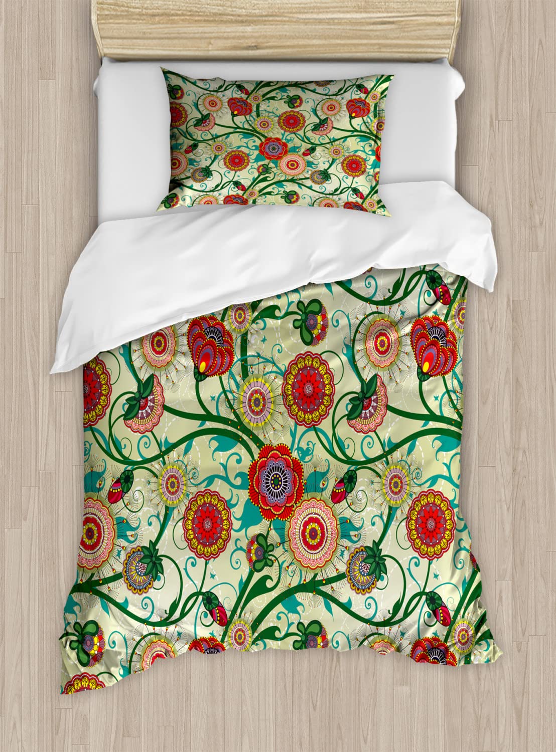 Ambesonne Floral Duvet Cover Set - King Size 2-Pack with 4 Pillowcases | Vintage Oriental Flower Pattern, Colorful Nature-Inspired Design | Perfect for Master Bedroom, Guest Room & Bohemian Home Decor