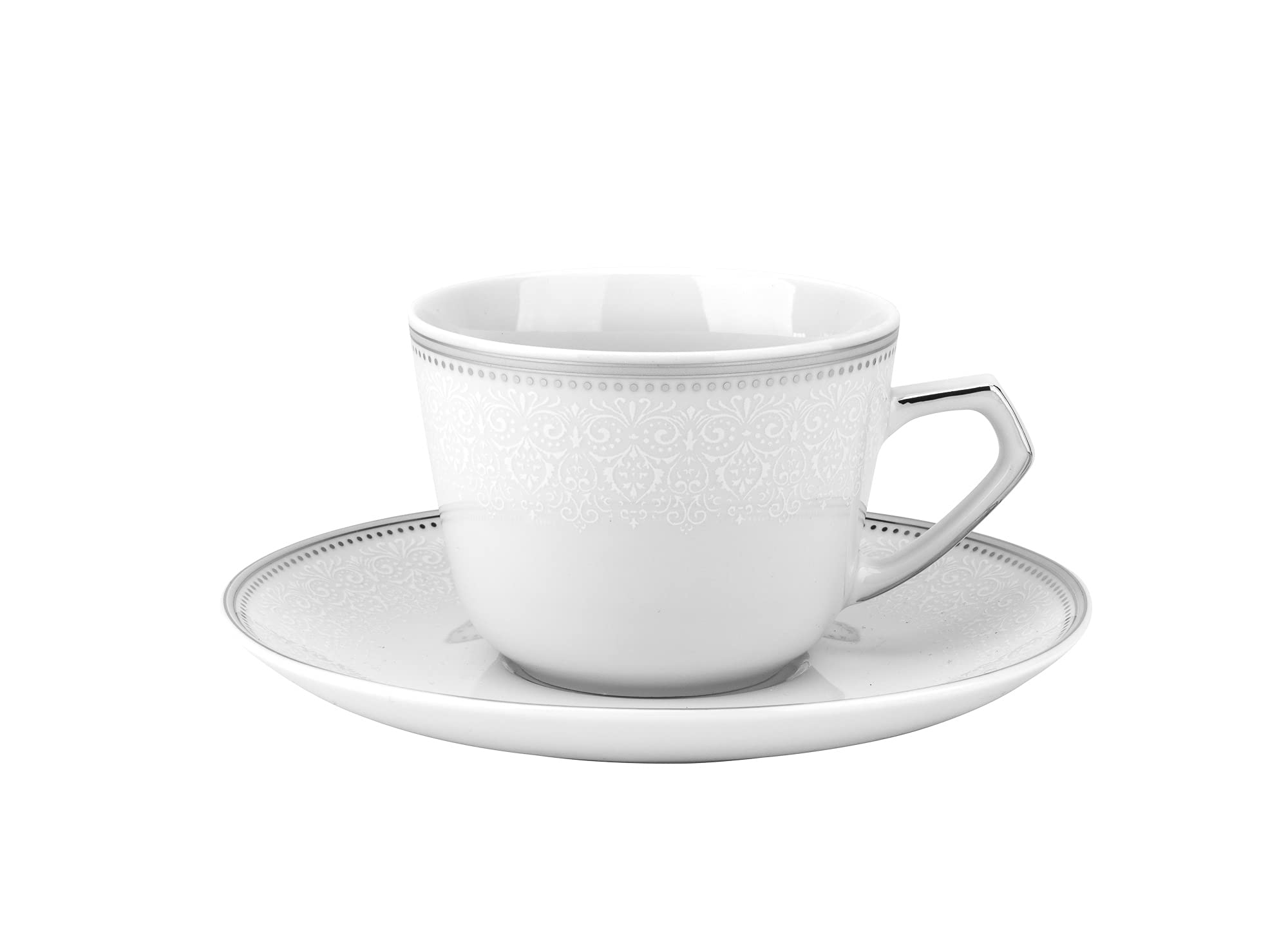 12-Piece Elegant White Tea Set with Lacy Silver Trim - 8 oz (210 ml) Tea Cups & 6