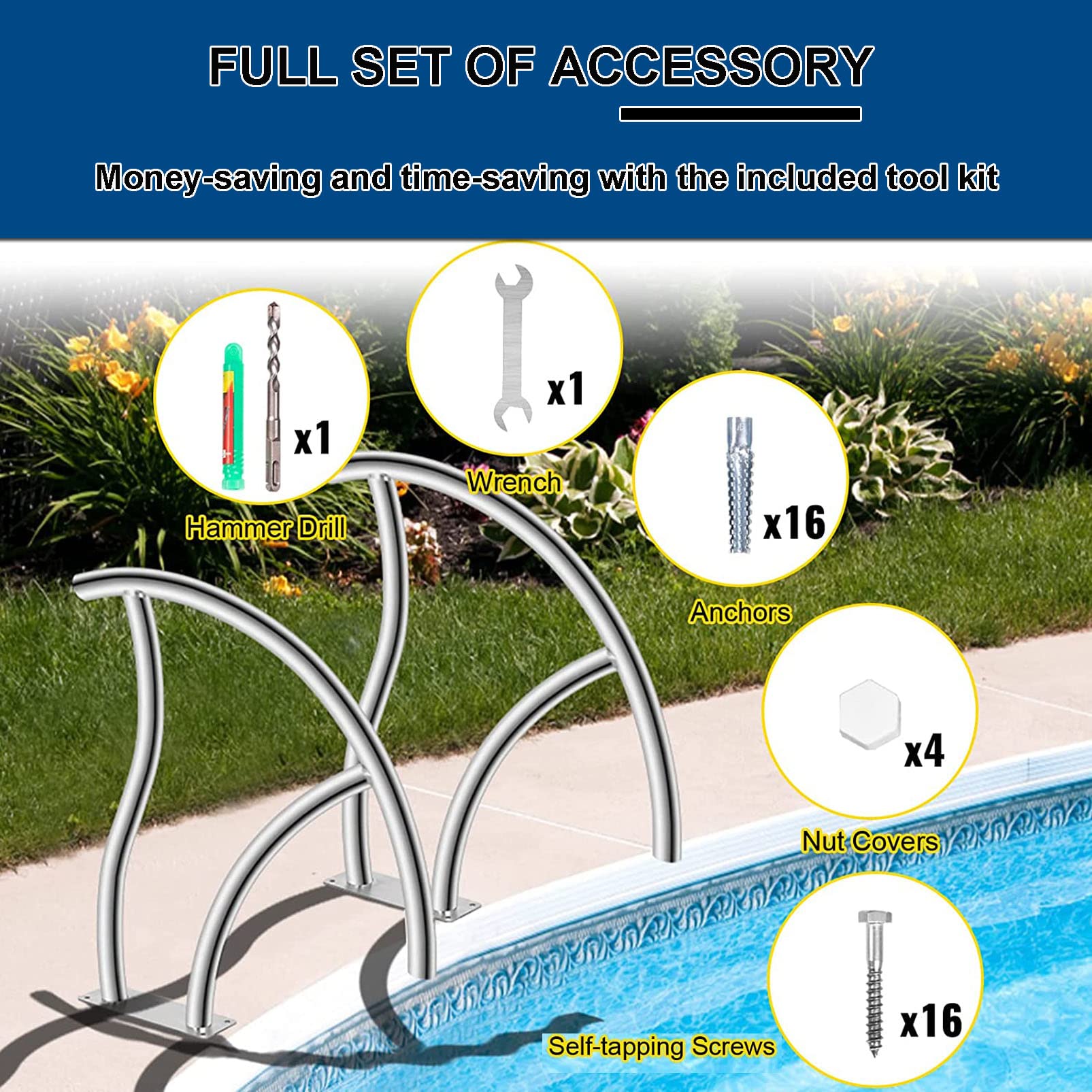 304 Stainless Steel Inground Pool Handrail - Rustproof Safety Railing with Blue Grip Cover & Anchors Screws for Swimming Pool Stairs | Durable Pool Accessory for Safety & Easy Entry/Exit