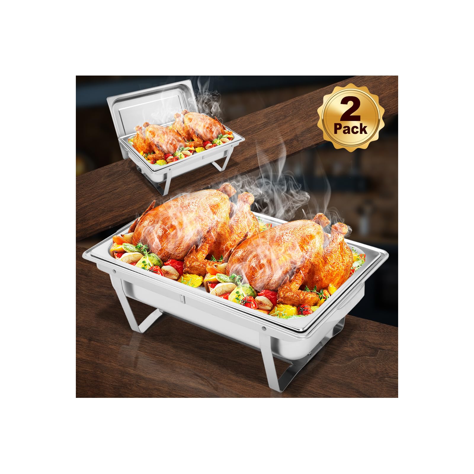 ROVSUN 8 Qt (2 Pack) Stainless Steel Buffet Chafing Dishes Set - NSF Certified Rectangular Catering Chafer Warmer with Trays, Lid & Folding Stand - Perfect for Banquets, Parties, Catering & Buffet Dining