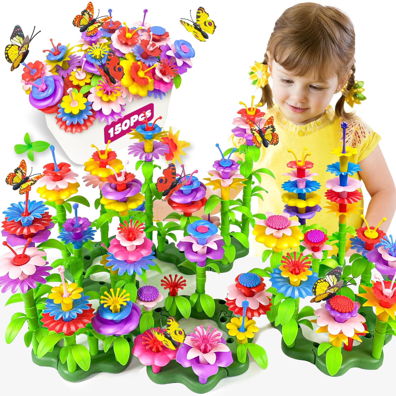 Gojmzo 150 PCS Flower Garden Building Toys for Toddlers - STEM Educational Toys for Girls & Boys Ages 2-5 - Perfect Birthday Gift for 2 3 4 5 Year Old Kids - Creative Play for Preschool Learning & Garden Themed Party Favors