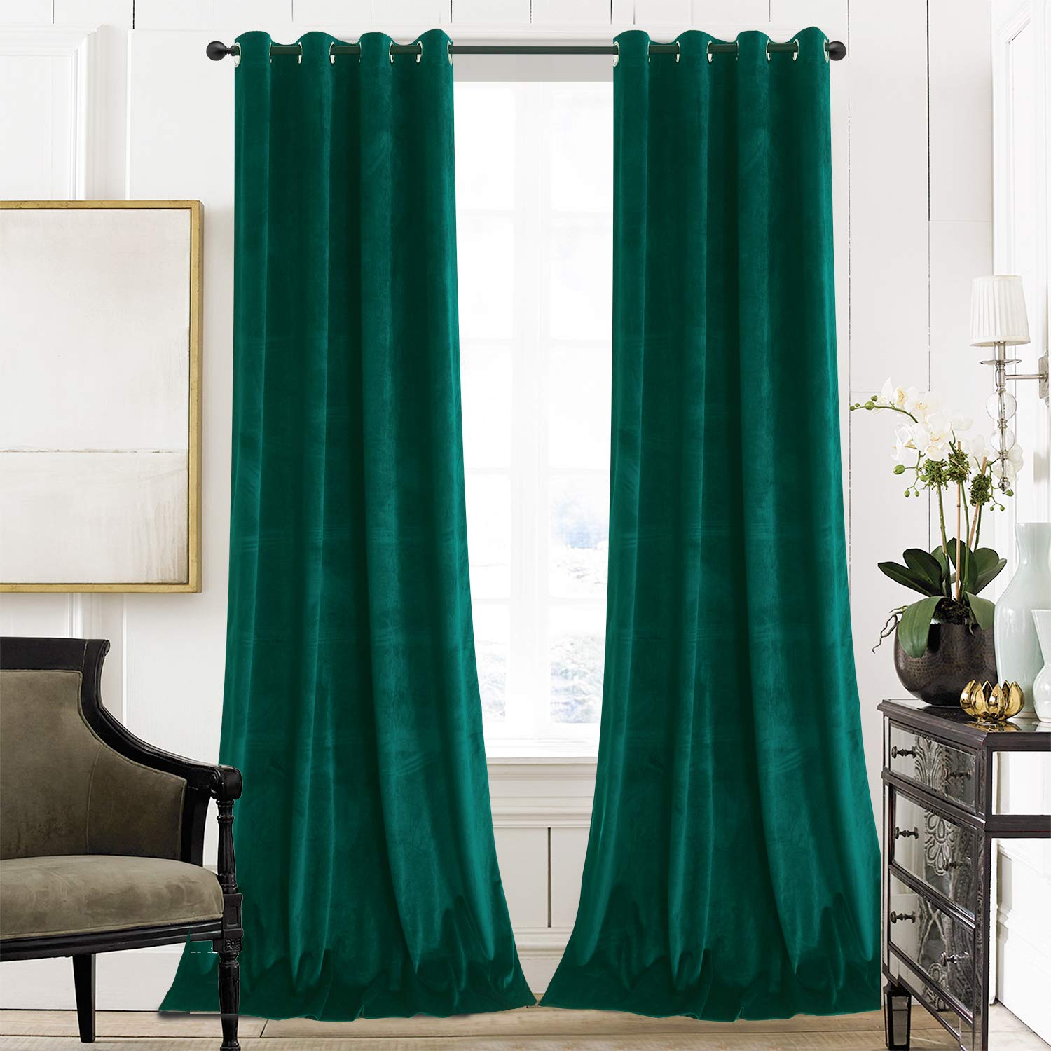 Roslynwood Teal Green Velvet Blackout Curtains - Thermal Insulated Grommet Window Drapes for Living Room & Bedroom (2 Panels, 52x84 Inches) - Perfect for Light Control, Privacy & Energy Efficiency in Home Decor