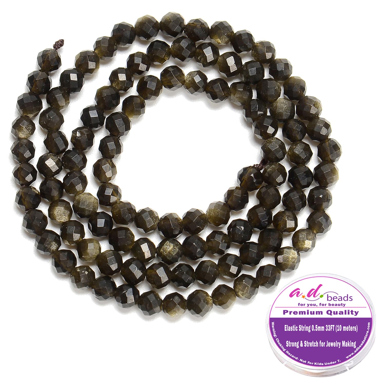 Natural Gold Obsidian Gemstone Beads 4mm Round Diamond-Cut Micro-Faceted DIY Jewelry Making Supplies for Necklaces, Bracelets & Craft Projects