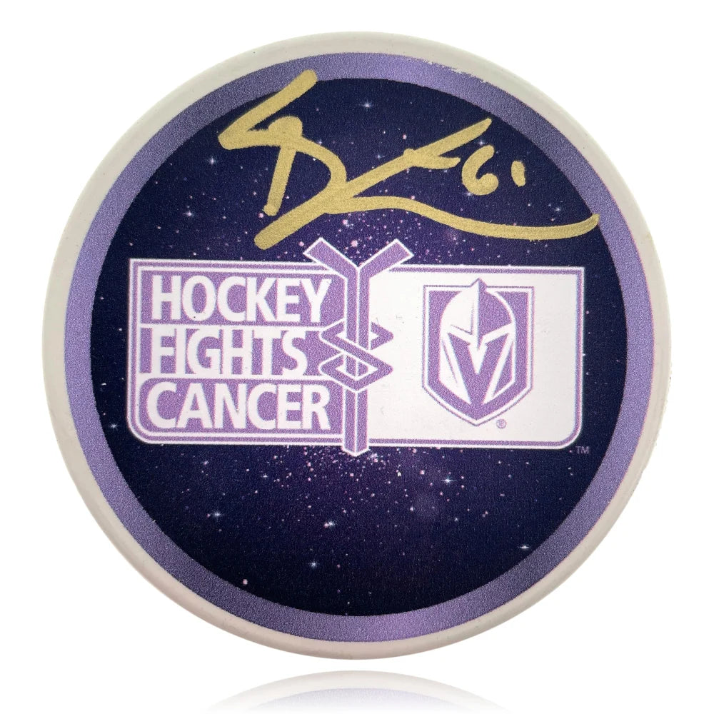 Authentic Mark Stone Signed Vegas Golden Knights Hockey Fights Cancer Puck with COA - Collectible NHL Memorabilia for Fans & Sports Enthusiasts - Perfect for Display, Gifts, and Hockey Memorabilia Collections