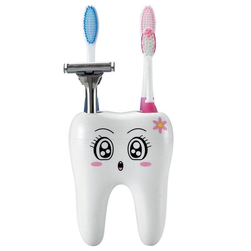 GB Quality 4-Hole Plastic Toothbrush Holder - Tooth-Shaped Bathroom Organizer with Cute Cartoon Design, White (Perfect for Kids' Bathrooms, Dormitories & Travel Storage)