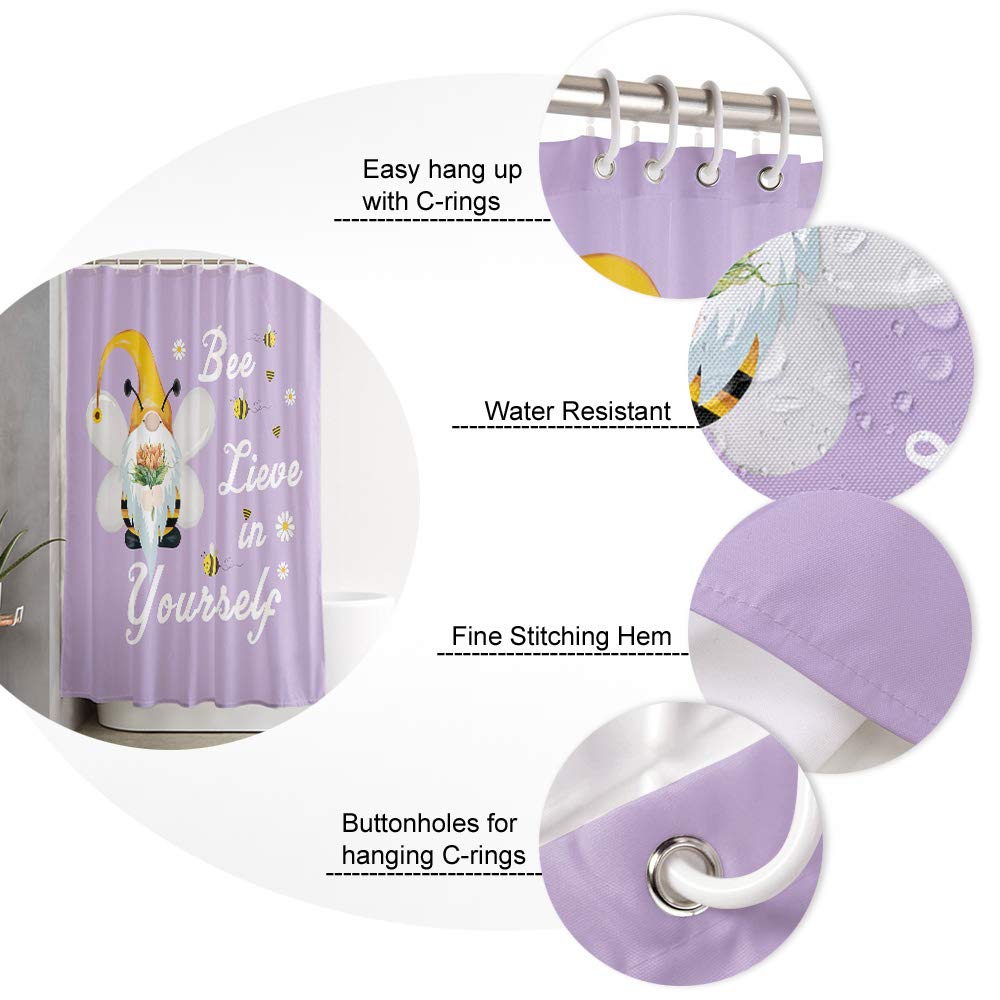 72 Inch Waterproof Polyester Shower Curtain with Hooks - Bee Gnome & Sunflower Design in Purple for Bathroom Decor | Perfect for Standard Showers and Bathtubs (72