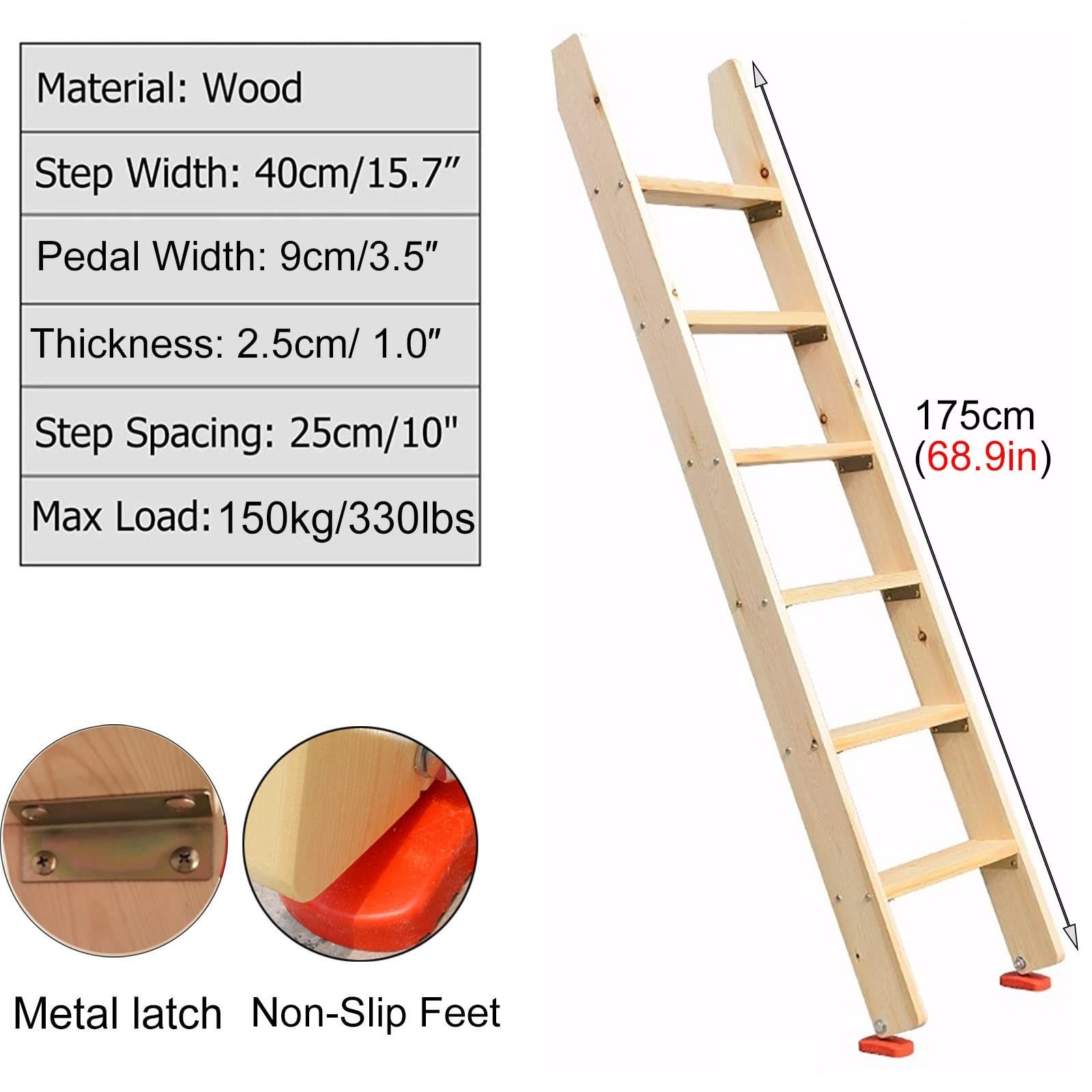 6-Step Wooden Bunk Bed Ladder with Anti-Slip Rubber Pads - 175cm/68.9in Height - Sturdy Step Stool for Kids & Adults - Perfect for Homes, Hotels, Dorms & Loft Beds (Safe Climbing Accessory for Bunk Beds)