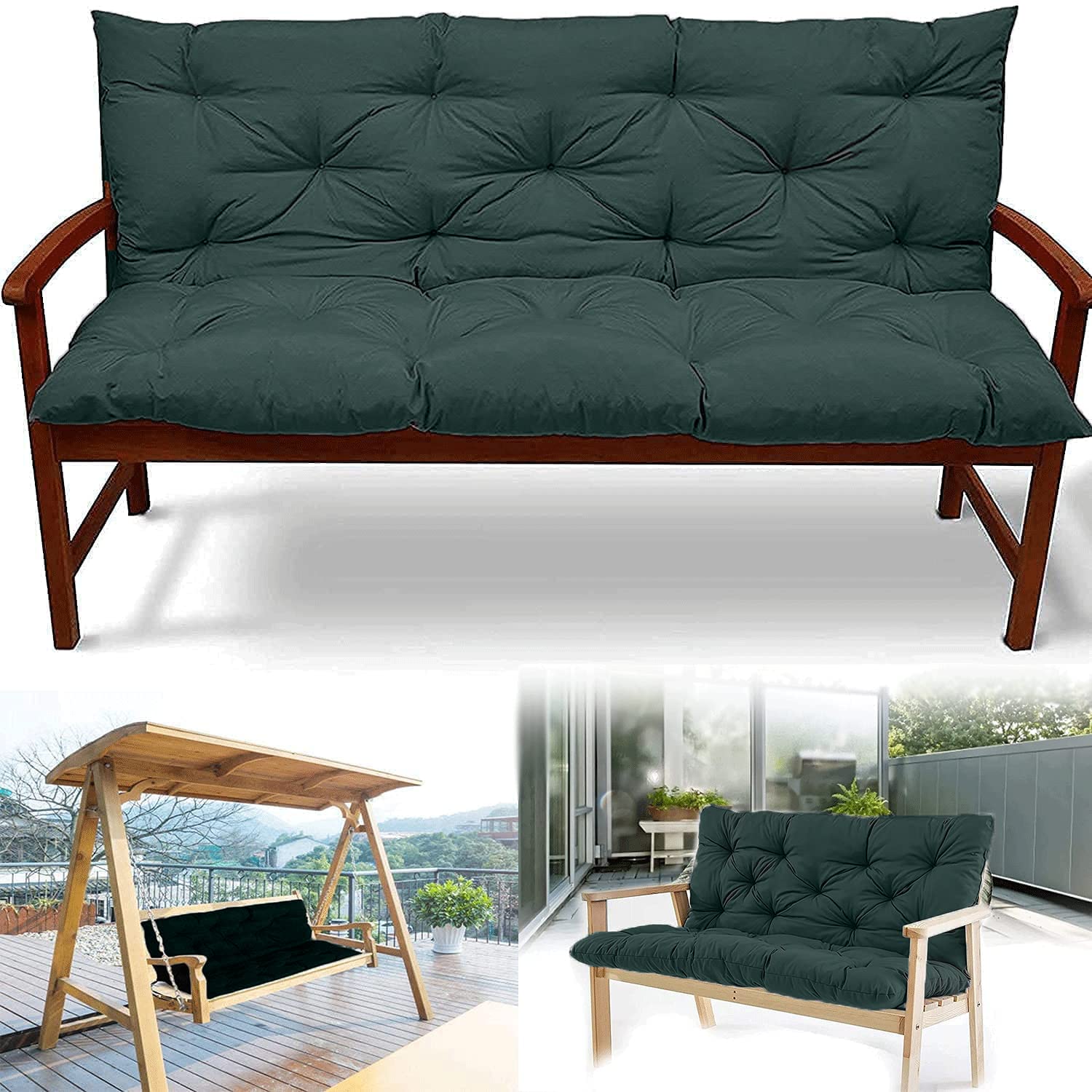 Premium Salon Dryer Garden Bench Recliner Cushion - Soft Outdoor Furniture Swing Chair Seat Pad with Ties - Waterproof & Durable 150x100cm Dark Green - Perfect for Patio, Deck, Poolside & Indoor Lounging