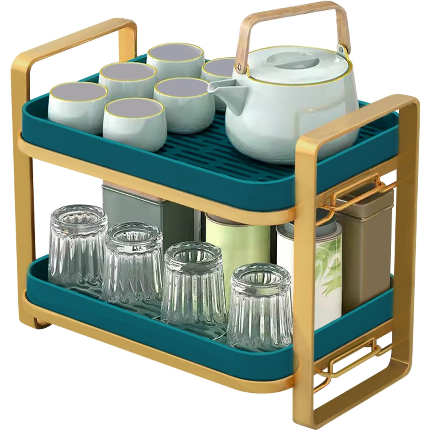 2 Tier Cup Drying Rack with Drain Tray - Space Saving Countertop Mug Holder & Kitchen Organizer for Glasses, Tumblers, Teacups - Perfect for Small Kitchens, Coffee Bars & Dish Drying Stations