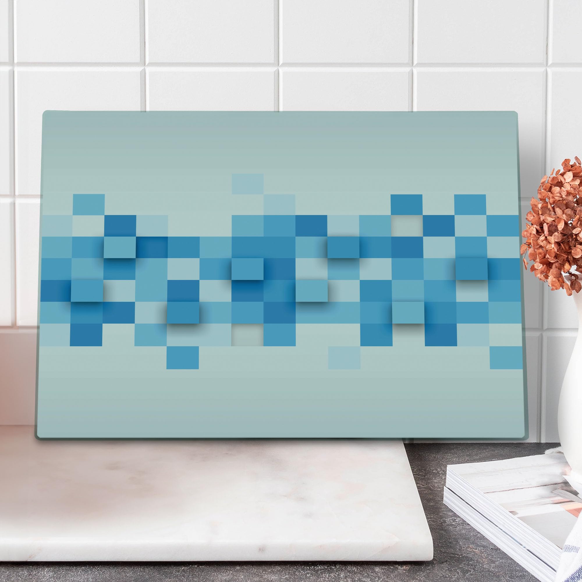 Ambesonne Abstract Cutting Board - 3D Geometric Mosaic Design, Tempered Glass Serving Board, Large Size in Pale Blue & White | Perfect for Kitchen Prep, Charcuterie Display & Modern Home Decor