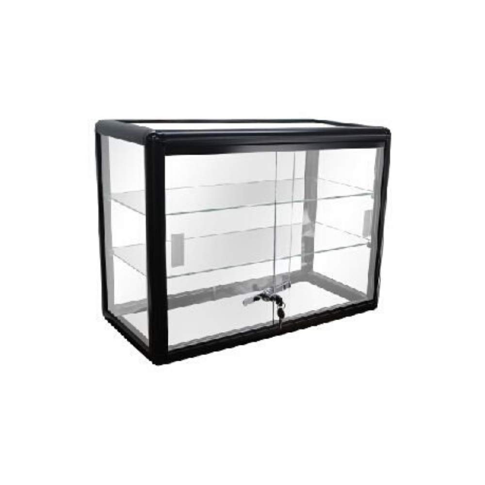 Premium Black Aluminum Frame Tempered Glass Countertop Display Case with Sliding Glass Door & Lock - Perfect for Retail Stores, Jewelry Shops, and Boutique Displays