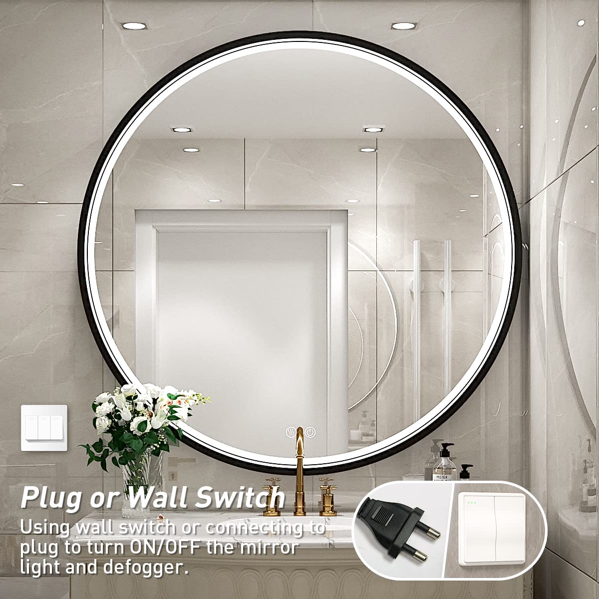 32 Inch LED Round Bathroom Mirror with Light - Wall Mounted Anti-Fog Vanity Mirror with Dimmable Touch Switch, Waterproof IP54, 90+ CRI - Perfect for Makeup, Shaving & Home Decor