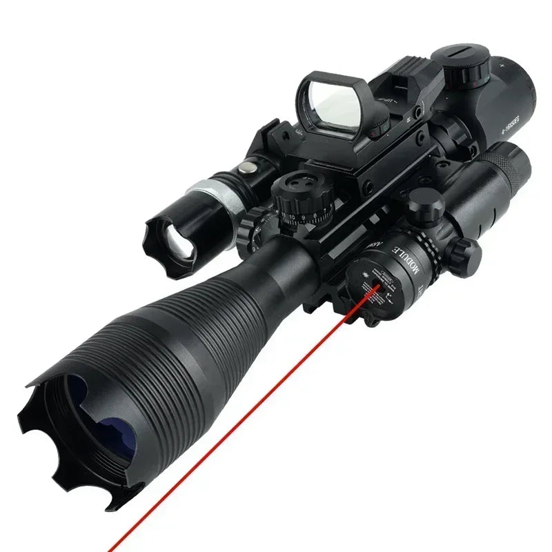 4-16x50 Tactical Rifle Scope with Red/Green Laser & Flashlight - Long Range Shooting Optic Sight with Red Dot for Hunting | Perfect for Outdoor Adventures, Target Practice & Night Hunting
