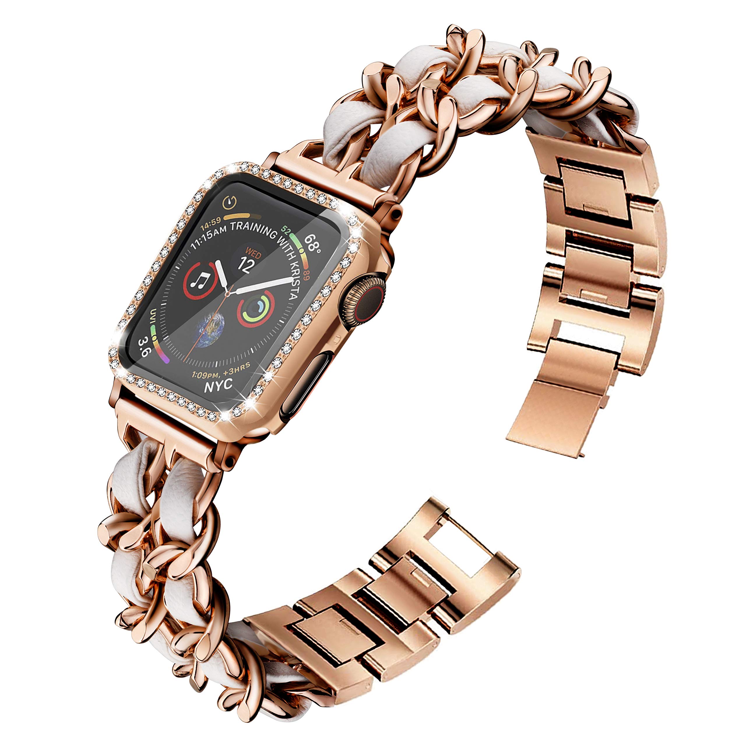 Elegant Rose Gold Metal Band with White Leather Strap for Apple Watch 40mm - Compatible with Series SE/6/5/4, Includes 2-Pack Screen Protectors & Bling Case Cover - Perfect for Women's Fashion, Jewelry Bracelets & Everyday Wear