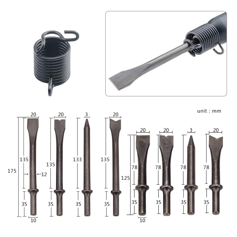 MXBAOHENG 190B Pneumatic Concrete Breaker - Heavy Duty Demolition Hammer with 9 Chisels & 3 Spring Coil Retainers - Rust Remover for Construction, Road Repair, and Metal Surface Cleaning - Perfect for Demolition, Concrete Breaking, and Rust Removal Projects