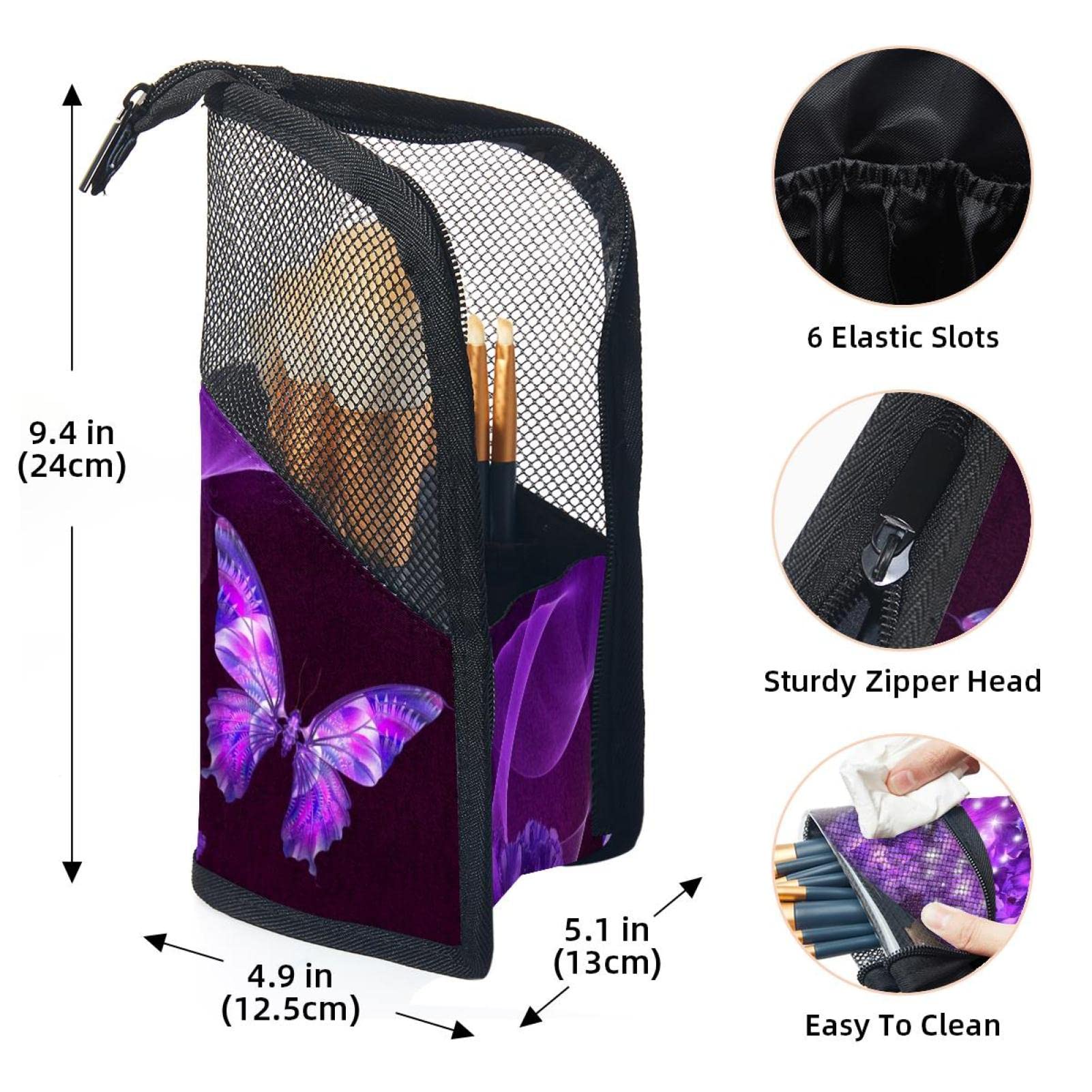 12-Piece Makeup Brush Organizer Bag with Purple Butterflies & Flowers Design - Portable Cosmetic Brush Holder Case for Travel, Home & Professional Makeup Artists