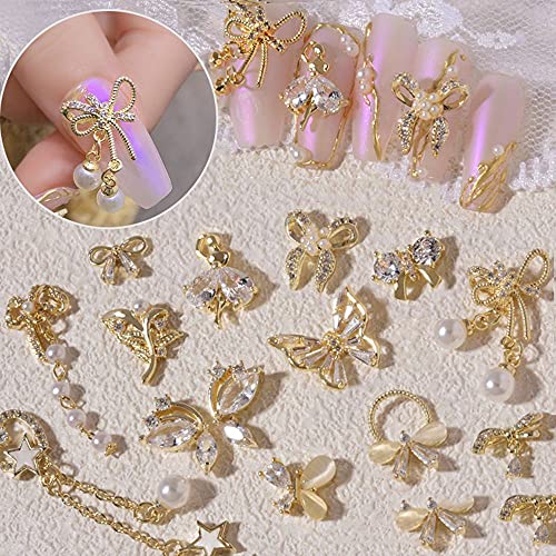 16Pcs Nail Rhinestones Kit - Zircon Bowknot Pearl & Butterfly Nail Art Decor for DIY Manicure - Perfect for Wedding, Party, and Salon Nail Designs