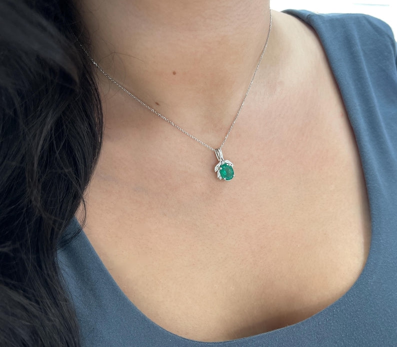2.29tcw 14K Gold Natural Oval Emerald & Diamond Floral Pendant - Lush Rich Green Gemstone Jewelry for Women, Perfect for Weddings, Anniversaries & Special Occasions