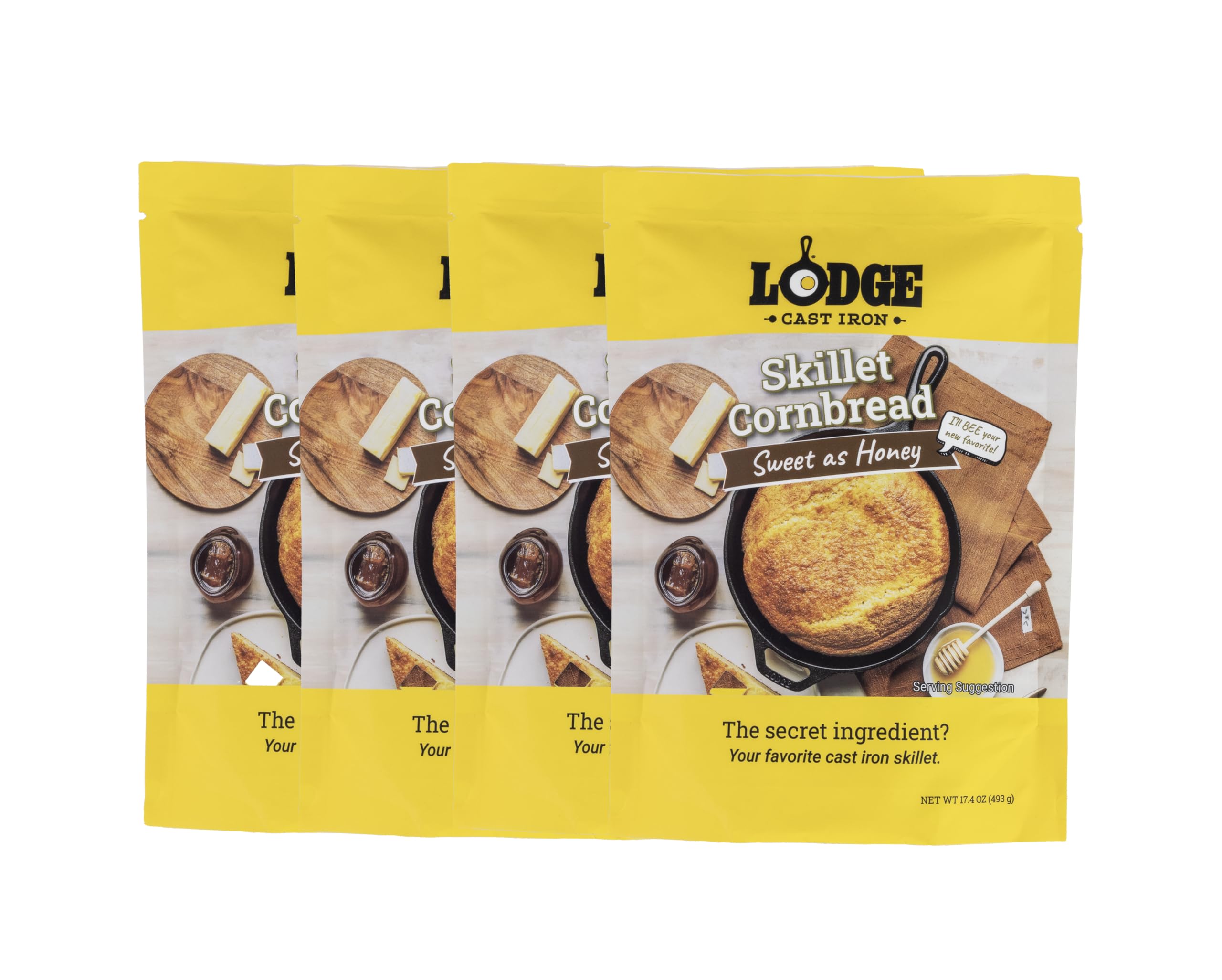 Lodge Cast Iron Skillet Cornbread Mix - Premium 17.4oz (4 Pack) for Cast Iron Skillets, Wedge Pans & Baking - Sweet Honey Flavor | Perfect for Family Dinners, BBQs & Holiday Baking