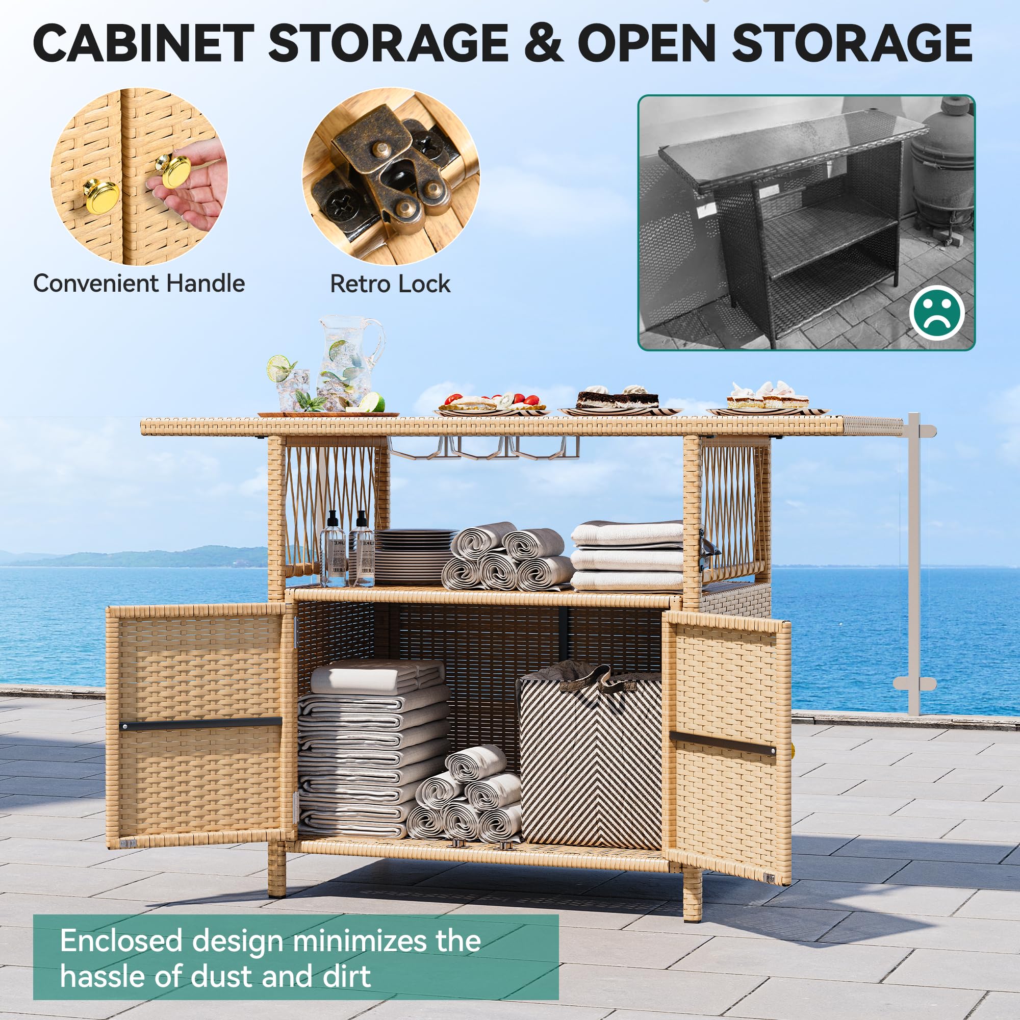 YITAHOME XL Outdoor Storage Cabinet - Weather-Resistant Patio Wicker Bar Table with Plastic Wood Tabletop, Wine Glass Holders & Built-in Bottle Opener, Light Brown - Perfect for Backyard, Deck, Poolside & Outdoor Entertaining