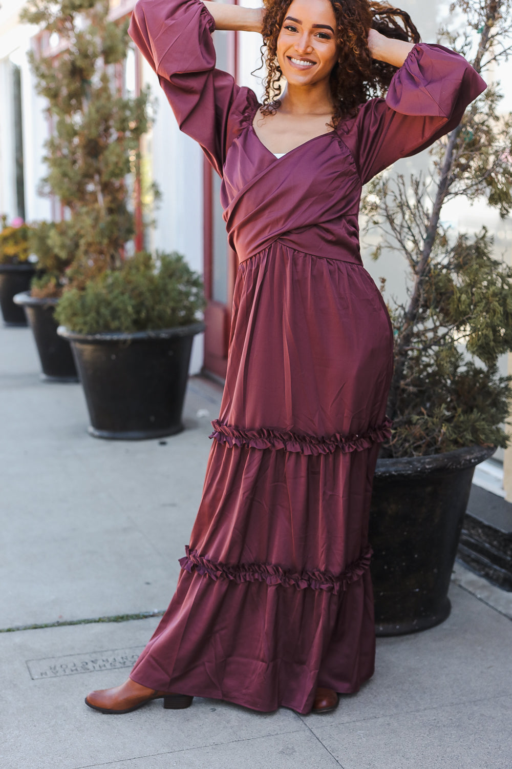 Holiday Vibes Wine Satin Front Overlap Smocked Back Maxi Dress for Women - Elegant Party Gown for Christmas, New Year & Special Occasions