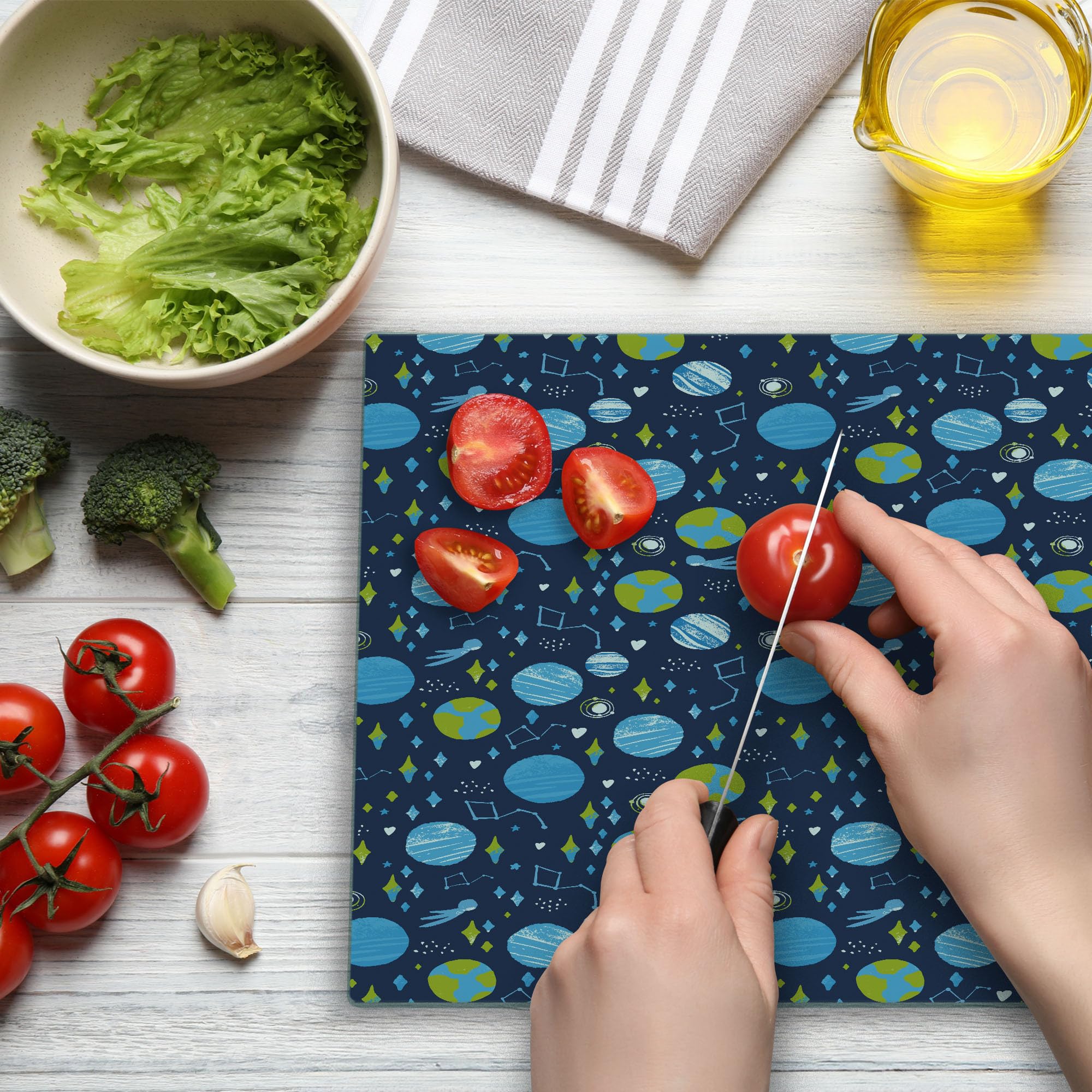 Ambesonne Space-Themed Tempered Glass Cutting Board - Hand Drawn Constellation & Kite Design - Large Decorative Serving Board in Dark Slate Blue, Pale Sky Blue, Apple Green & White - Perfect for Kitchen Prep, Charcuterie Display & Space Decor