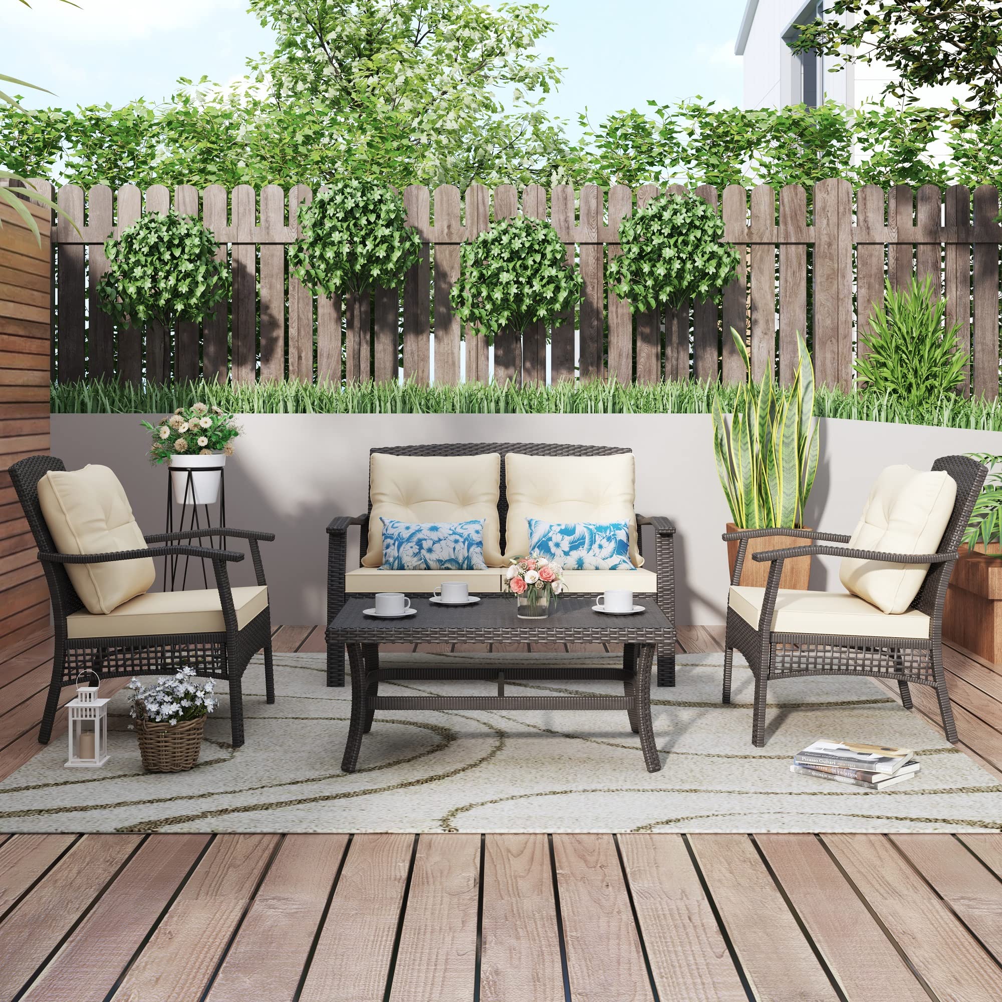 4-Piece Outdoor Patio Furniture Set with Beige Cushions - Durable Wicker Conversation Set for Garden, Backyard, Poolside or Deck Relaxation