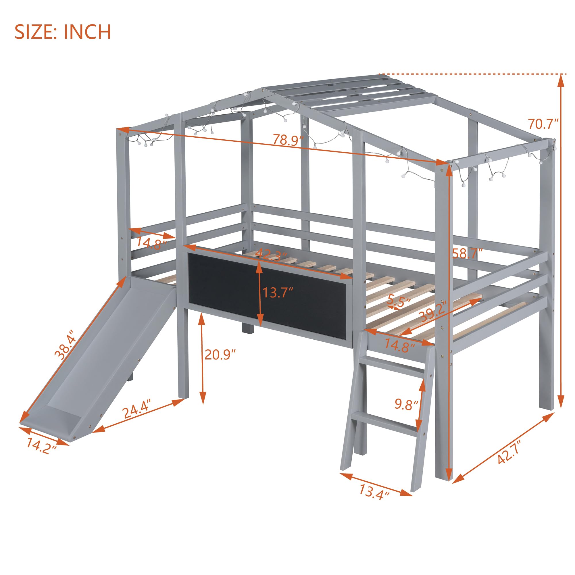 Harper & Bright Designs Twin Size Kids Loft Bed with Slide, LED Lights & Blackboard - Wood Playhouse Loft Bed with Ladder & Slats Support for Boys & Girls - Perfect for Small Bedrooms, Playrooms & Kids' Sleepovers (Gray)