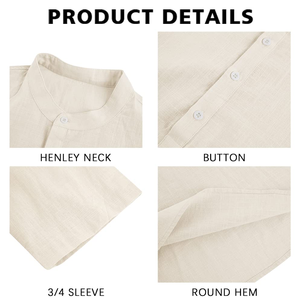 Ryannology Men's Linen Shirts - Breathable 3/4 Sleeve Henley T-Shirt | Casual Cotton Summer Top for Beach, Yoga & Outdoor Activities