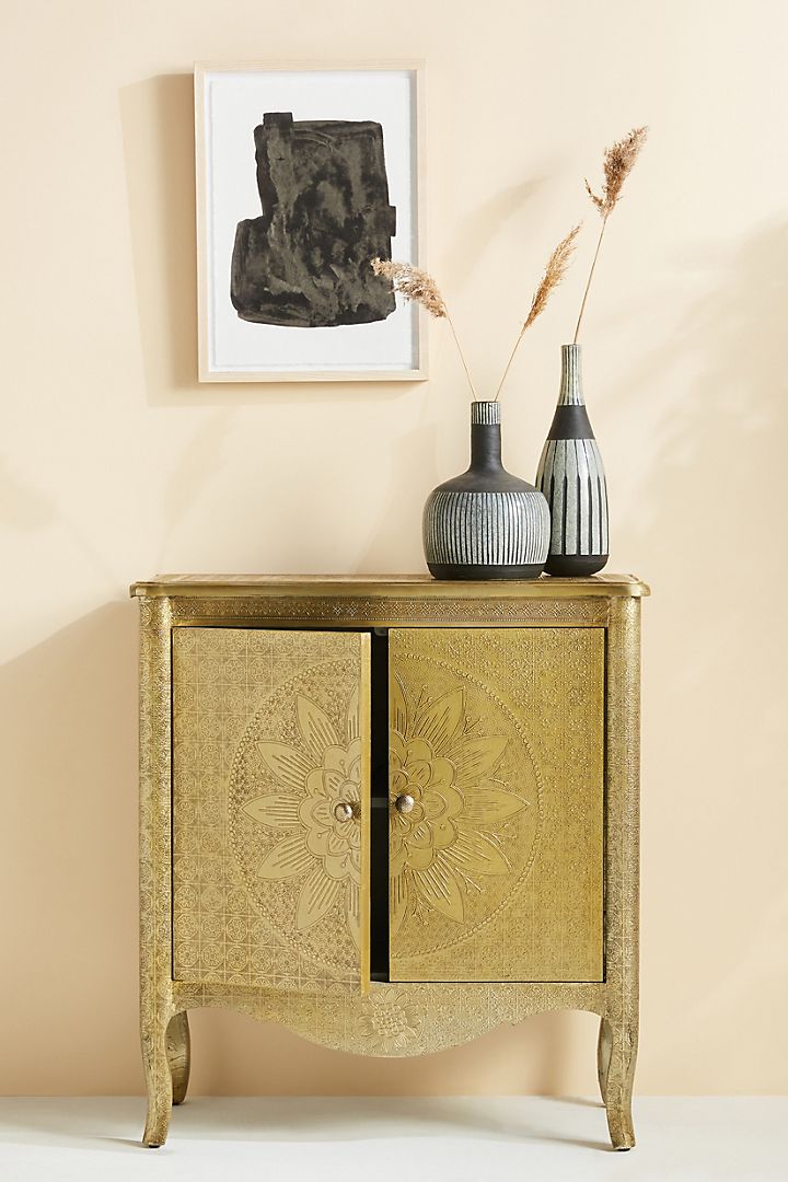 Hand Embossed Lotus Entryway Cabinet - Antique Brass Metal Console Table for Hallway, Living Room & Foyer Decor