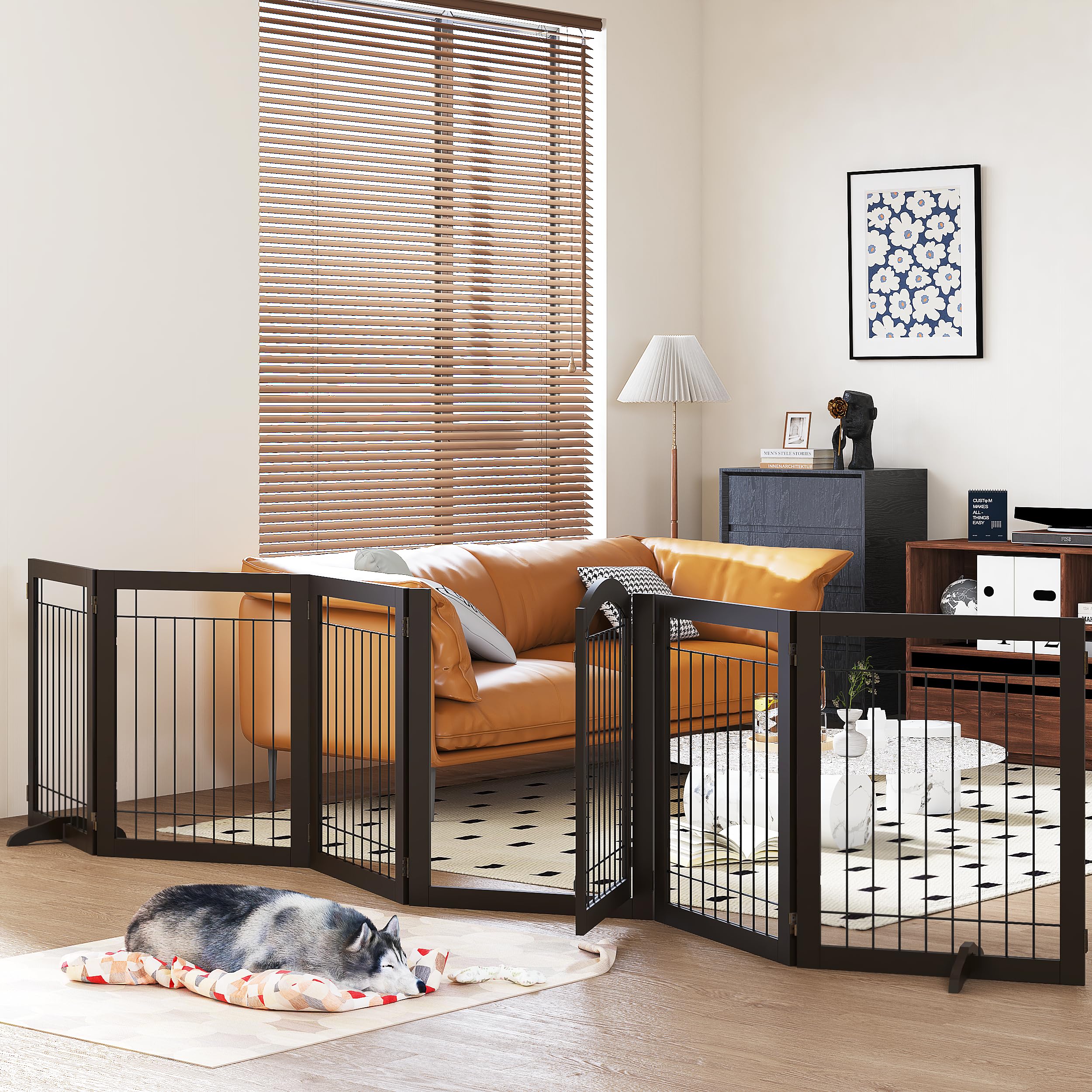 PAWLAND 144-inch Extra Wide 30-inch Tall Freestanding Dog Gate with Walk-Through Door - Indoor Pet Safety Fence for House, Doorways, Stairs - Includes Support Feet (Espresso, 6 Panels) - Perfect for Puppy Proofing & Multi-Room Pet Containment