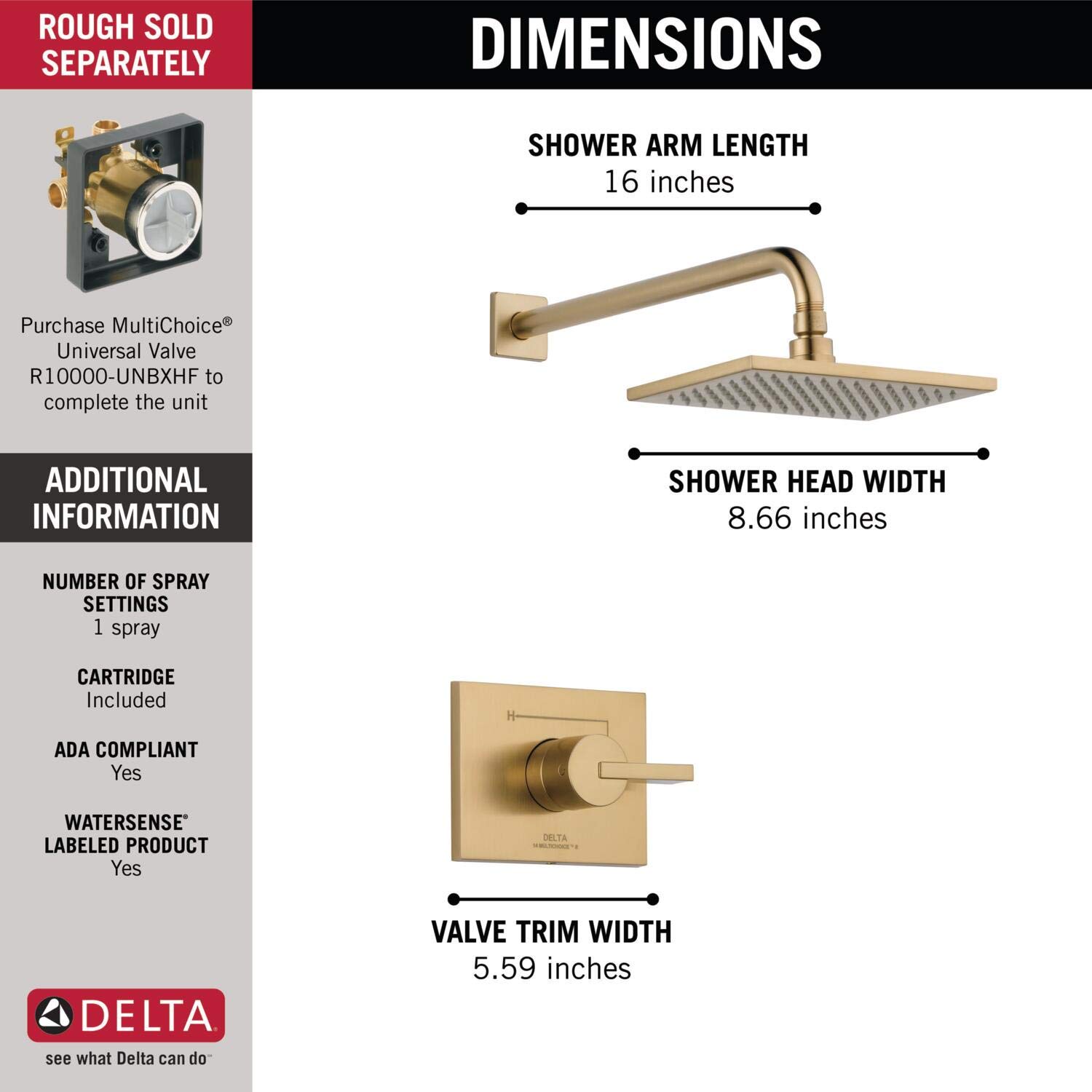 Delta Vero 14 Series Single-Function Shower Faucet Set with Rain Shower Head in Champagne Bronze - T14253-CZ (Valve Not Included) | Modern Bathroom Upgrade for Spa-Like Experience
