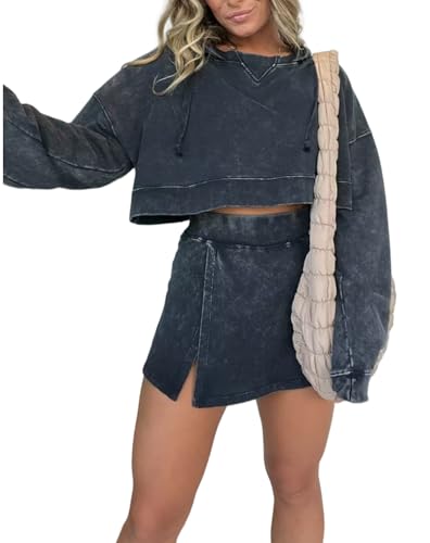 2024 New Women's Lounge Washed Hoodie Skirt Set - Pink Laura Long Sleeve Skort Outfit, 2 Piece Comfortable Casual Wear for Home, Travel & Yoga