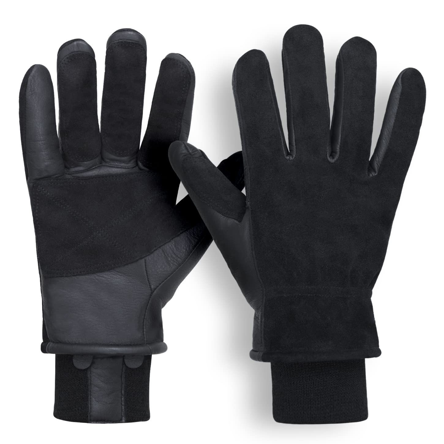 Premium Deerskin Leather Winter Gloves with 3M Thinsulate Insulation - Unisex Cold Weather Ski Gloves (Black with Warm Lining) for Outdoor Activities, Snowboarding & Winter Sports