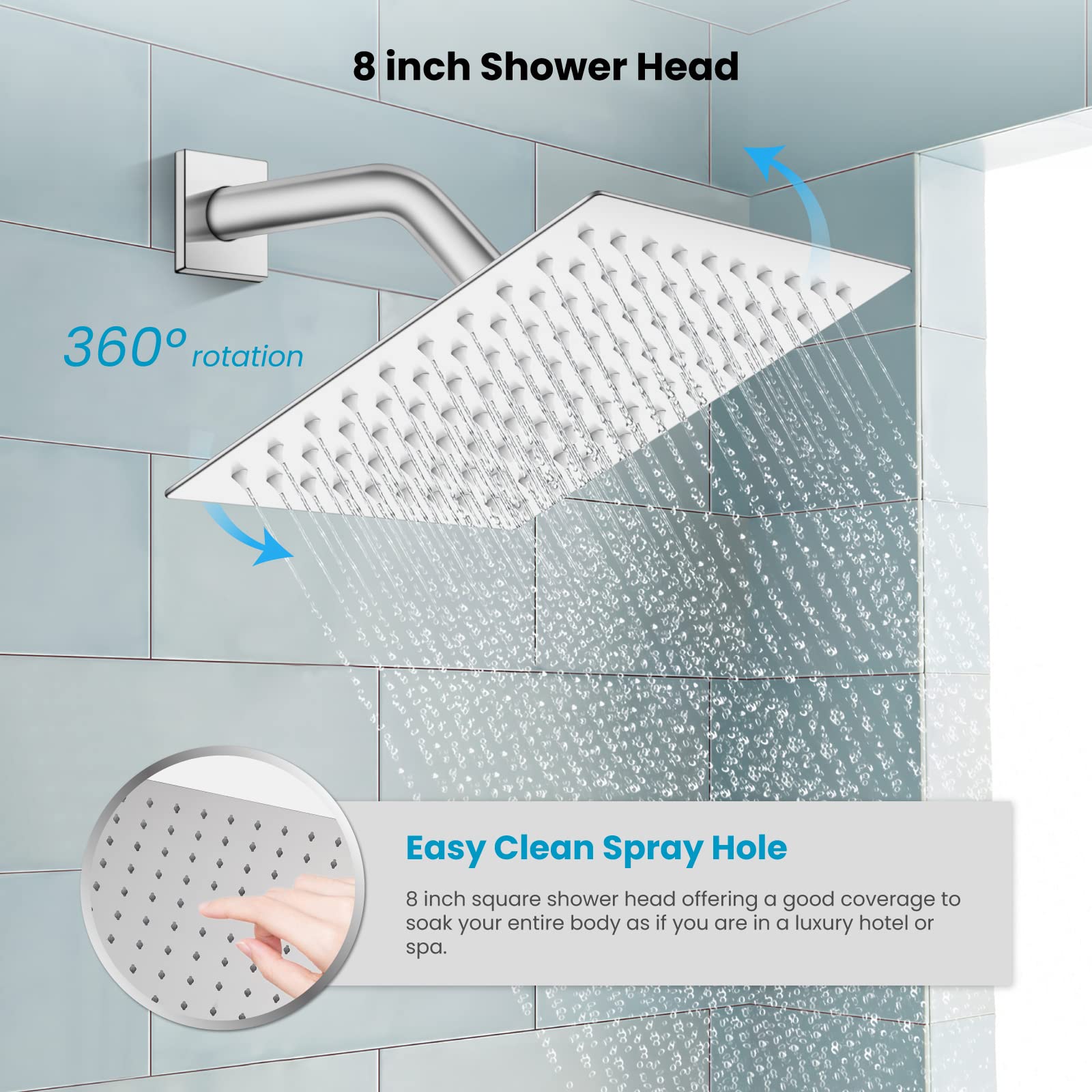 Gotonovo 8 Inch Rainfall Shower System - Wall Mounted Shower Head and Handle Combo with Solid Brass Pressure Balancing Mixer Valve in Polished Chrome - Perfect for Luxurious Spa-Like Bathroom Experience