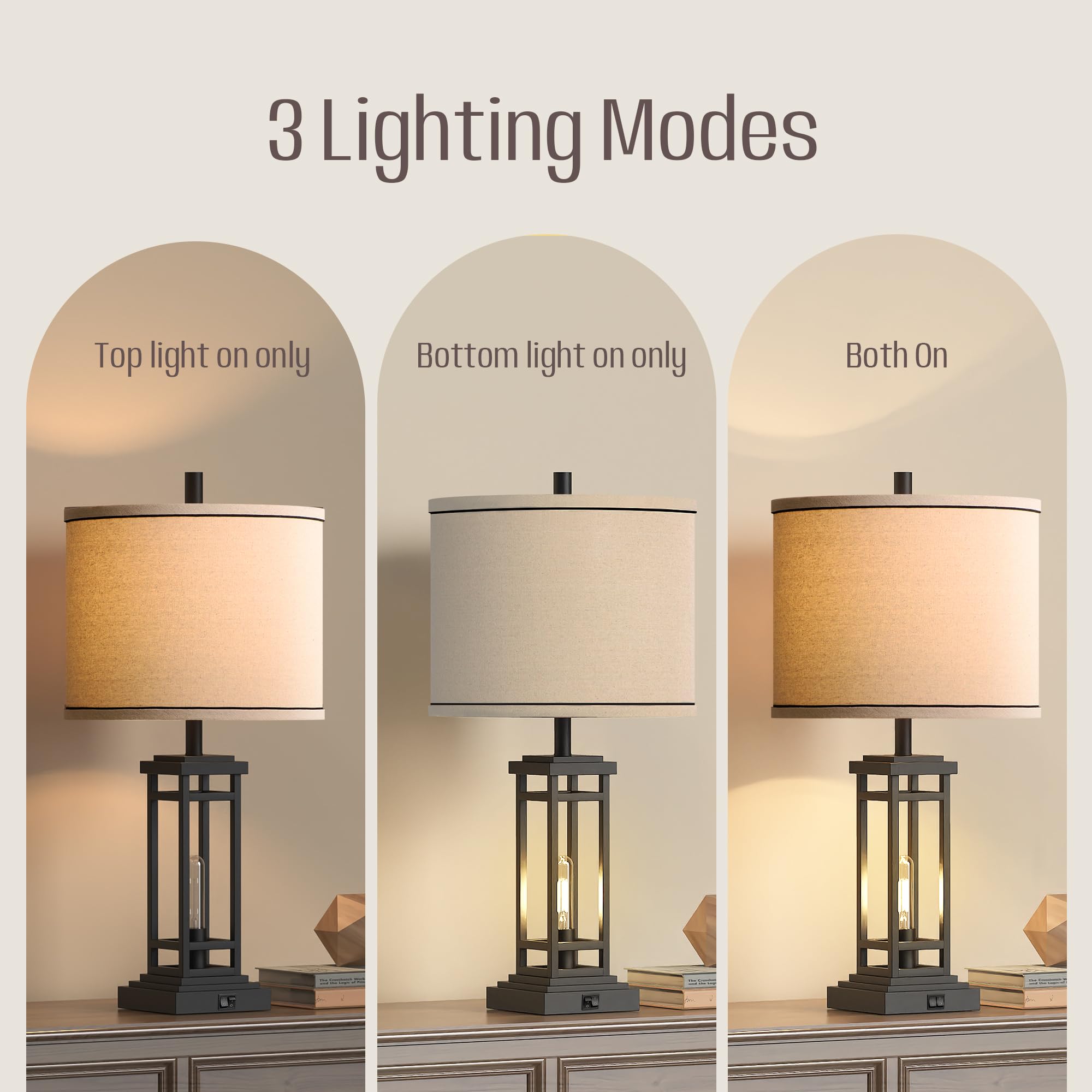 ROTTOGOON 27.5 Inch Tall Farmhouse Table Lamp with USB C & USB A Charging Ports - Rustic Industrial Black End Table Lamp for Bedroom, Living Room, Nightstand - Perfect for Reading, Charging Devices & Home Decor