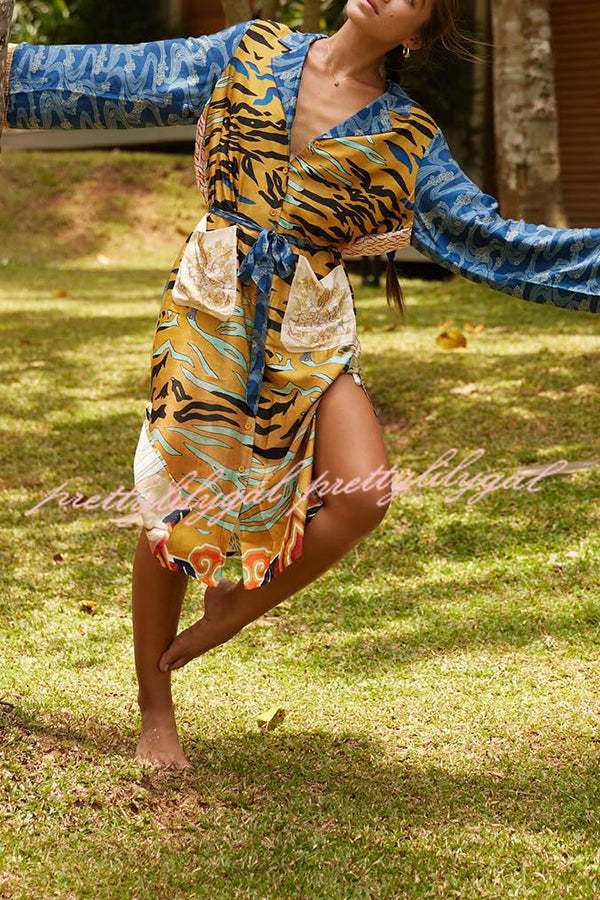 Exotic Tropical Jungle Tiger Print Long Sleeve Belted Kimono Coat with Pockets - Boho Chic Outerwear for Women, Perfect for Beach Cover-ups, Music Festivals & Casual Loungewear