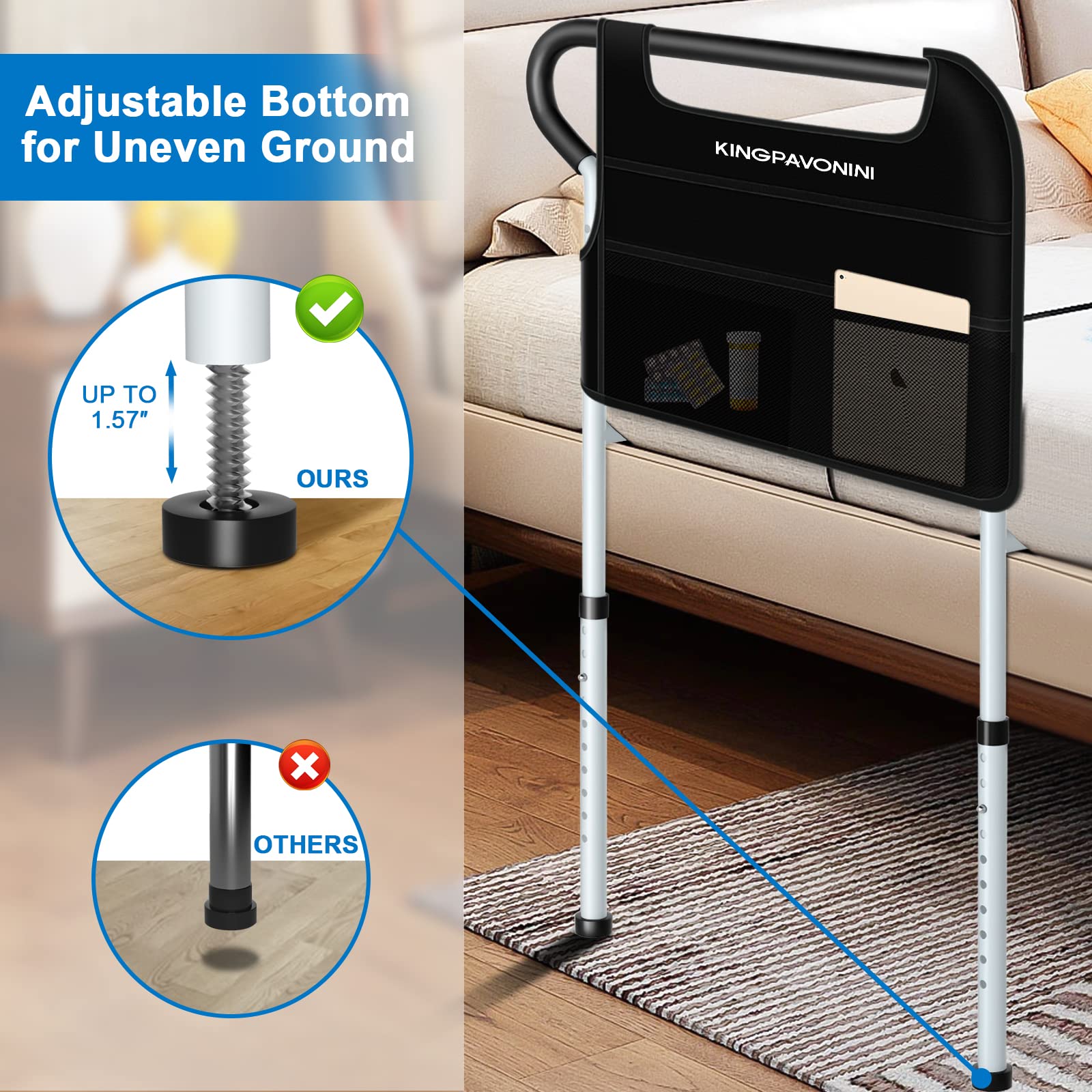 **KingPavonini Adjustable Bed Rails for Elderly Adults - Non-Slip Ergonomic Handle & Storage Pocket, Heavy-Duty Bed Assist Rail Holds 400 lbs, Tool-Free Assembly - Ideal for Seniors Safety & Mobility Support**