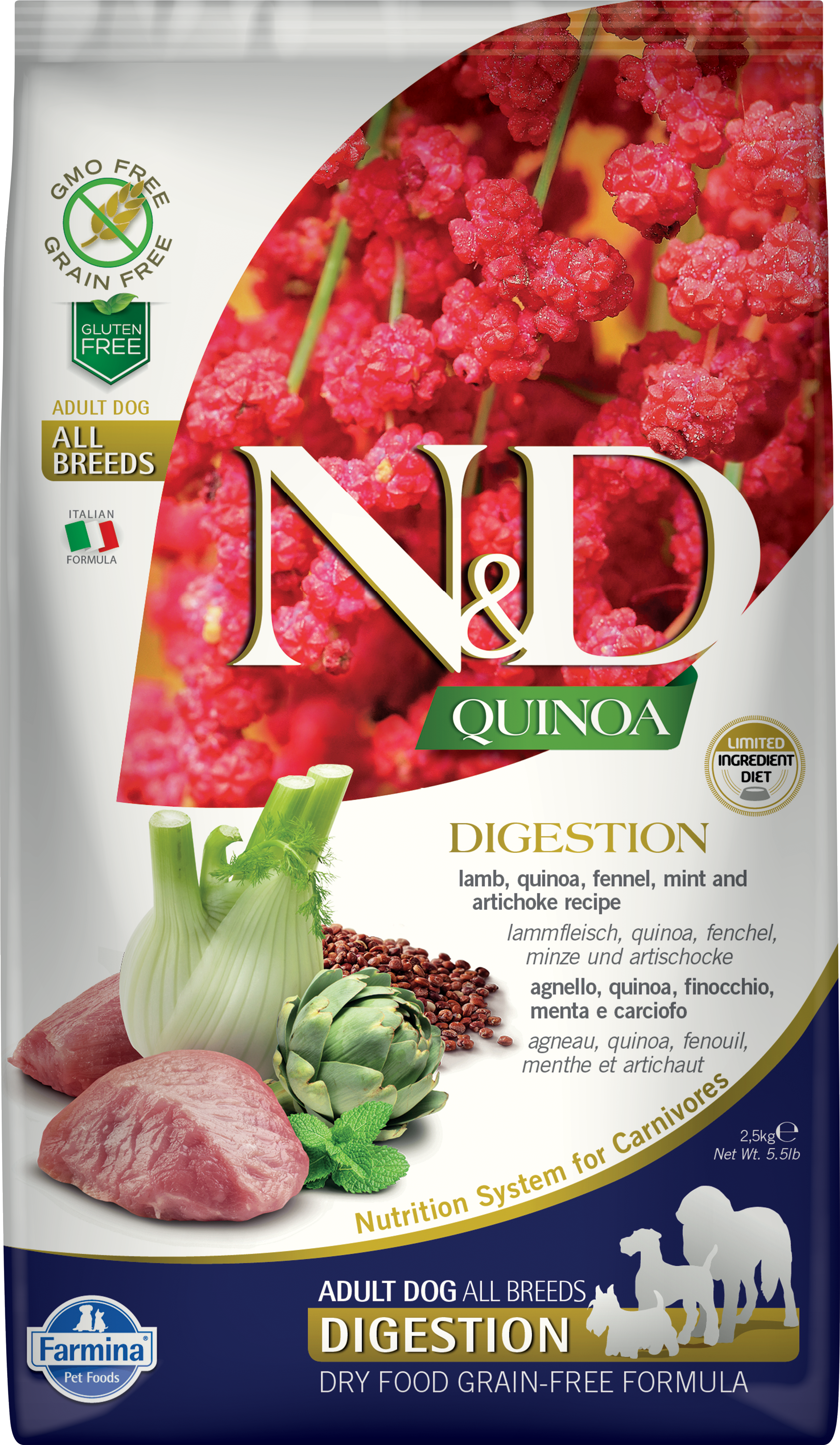 Farmina N&D Quinoa Grain-Free Dry Dog Food - Lamb Recipe for Sensitive Digestion | High Protein Functional Nutrition for Adult Dogs | Perfect for Dogs with Food Allergies or Digestive Issues