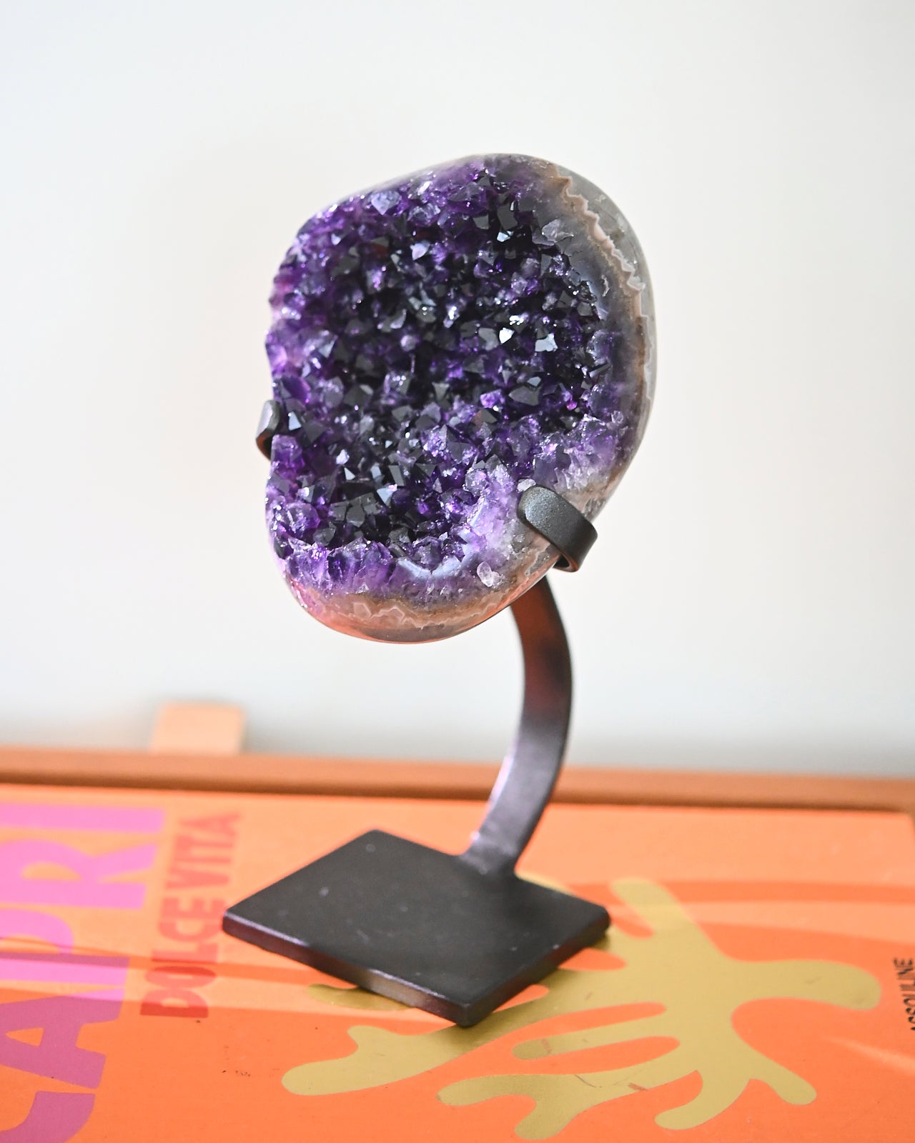 Natural Amethyst Crystal Geode on Wooden Stand - 3.9lbs Healing Stone for Home Decor, Meditation & Spiritual Gifts