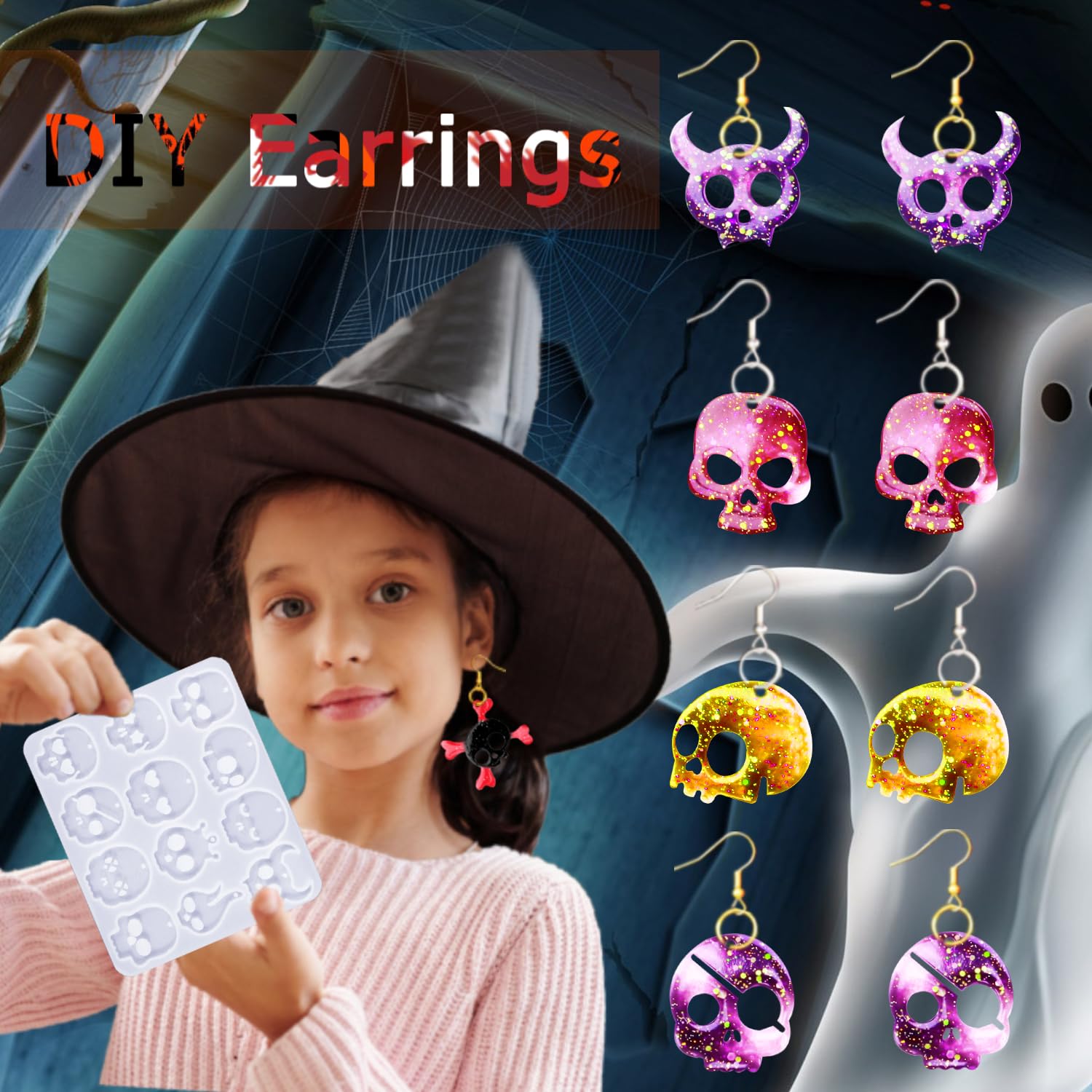 82 PCS Halloween Skull Earring Molds Kit with Holes - 12 Pairs Silicone Resin Molds & 40 Earring Hooks for DIY Jewelry Making - Perfect for Halloween Decorations, Pendants, Keychains & Costume Accessories
