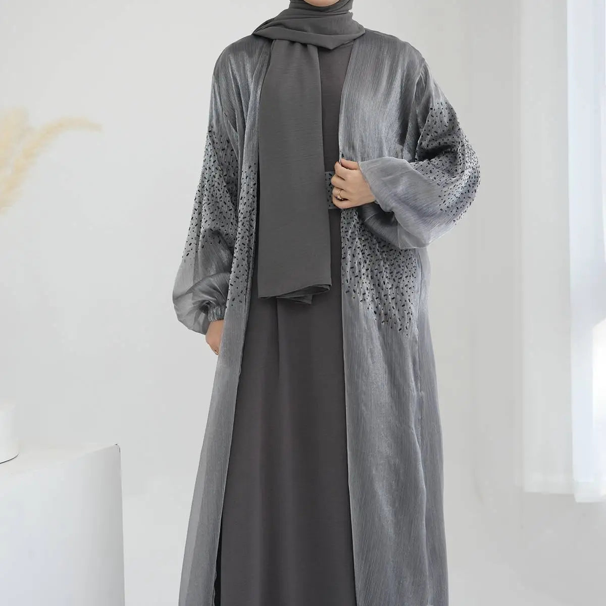 2 Piece Set Bright Wrinkle Puff Sleeve Open Abaya Dress - Elegant Muslim Women's Prayer Dress for Mosque, Eid & Special Occasions