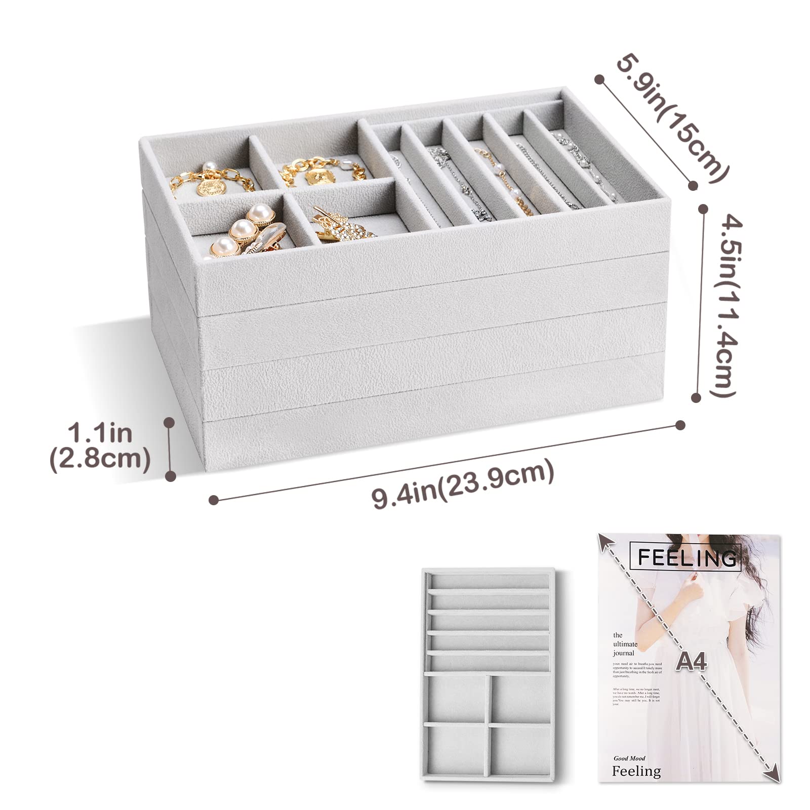 ProCase 4-Layer Stackable Jewelry Organizer Trays for Drawers - Grey | Jewelry Storage Box with Removable Dividers for Earrings, Necklaces, Rings & Bracelets | Perfect for Bedroom, Closet & Travel Organization