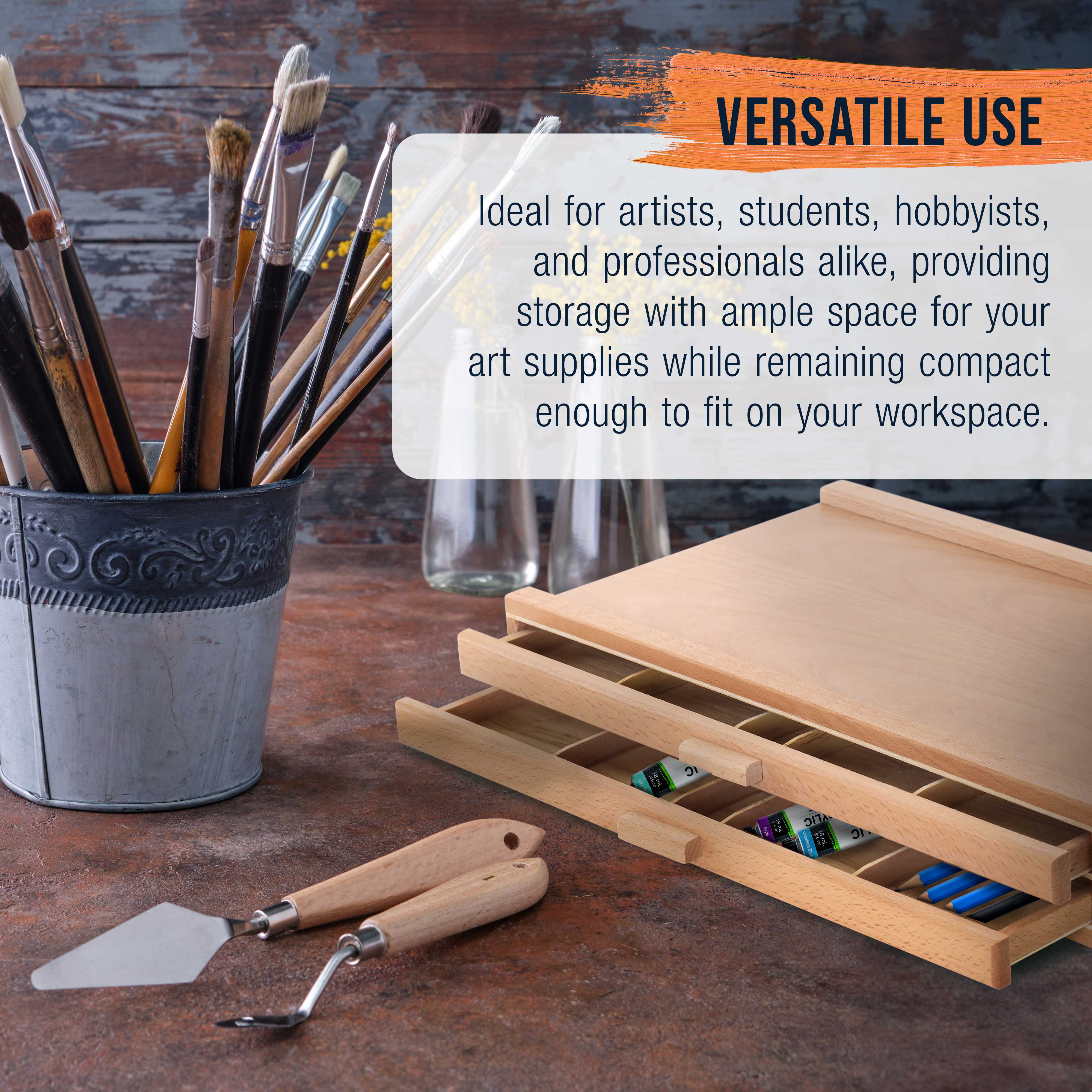 2-Drawer Artist Wood Storage Box for Pastels, Pens, Markers & Art Supplies | Elm Hardwood Construction with 5 Compartments per Drawer | Perfect for Drawing, Sketching & Blending Tools Organization in Studio or Classroom